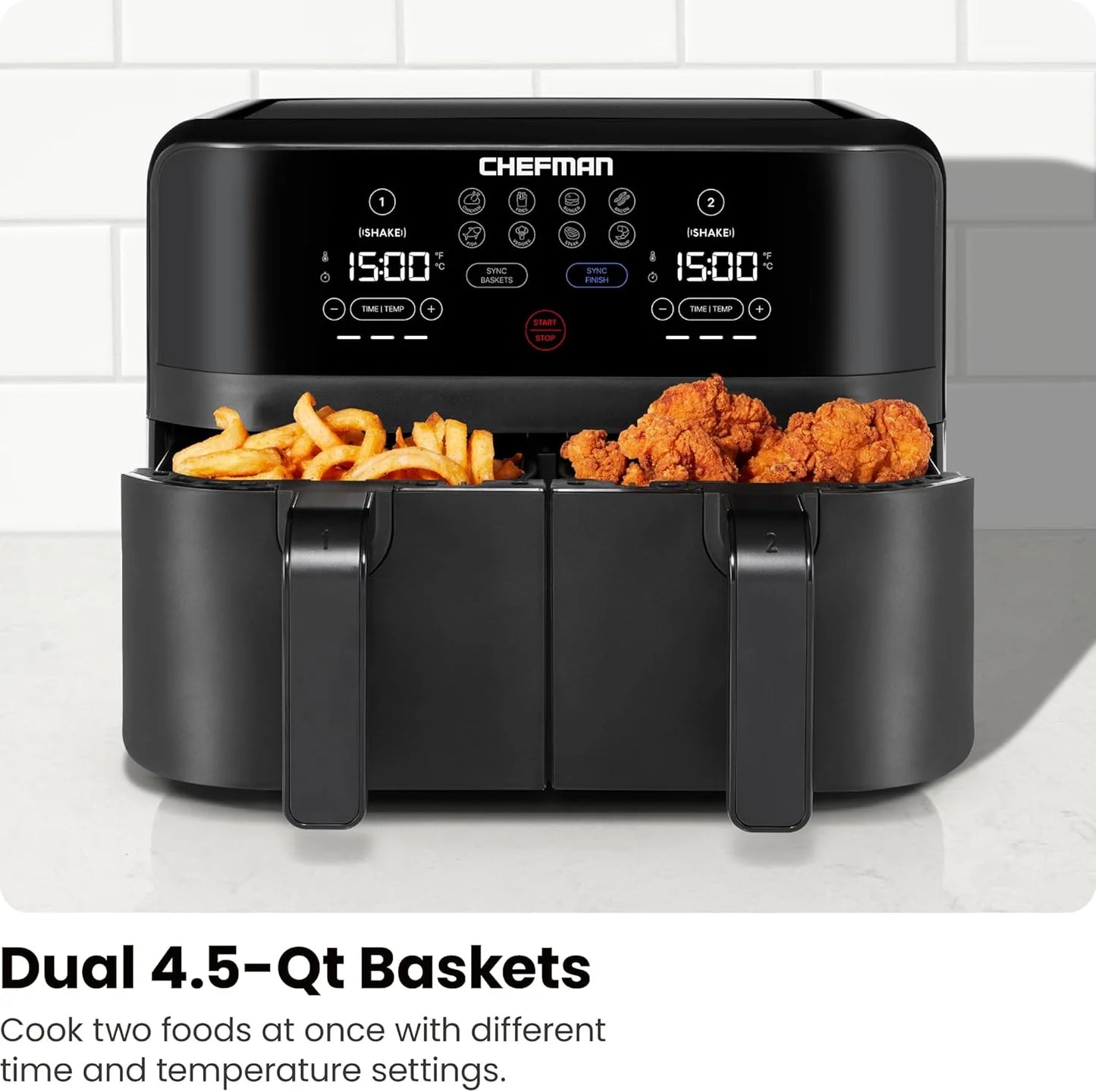 Chefman 6-Quart Dual Basket Air Fryer - Digital Touchscreen, Smart Sync Finish, High-Frying, Auto-Off, 2 Independent 3-Quart Nonstick Pans, Dishwasher-Safe Baskets