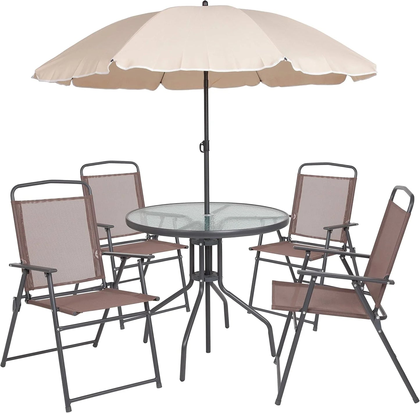 EMMA + OLIVER 6 Piece Brown Patio Garden Set with Umbrella Table and Set of 4 Folding Chairs
