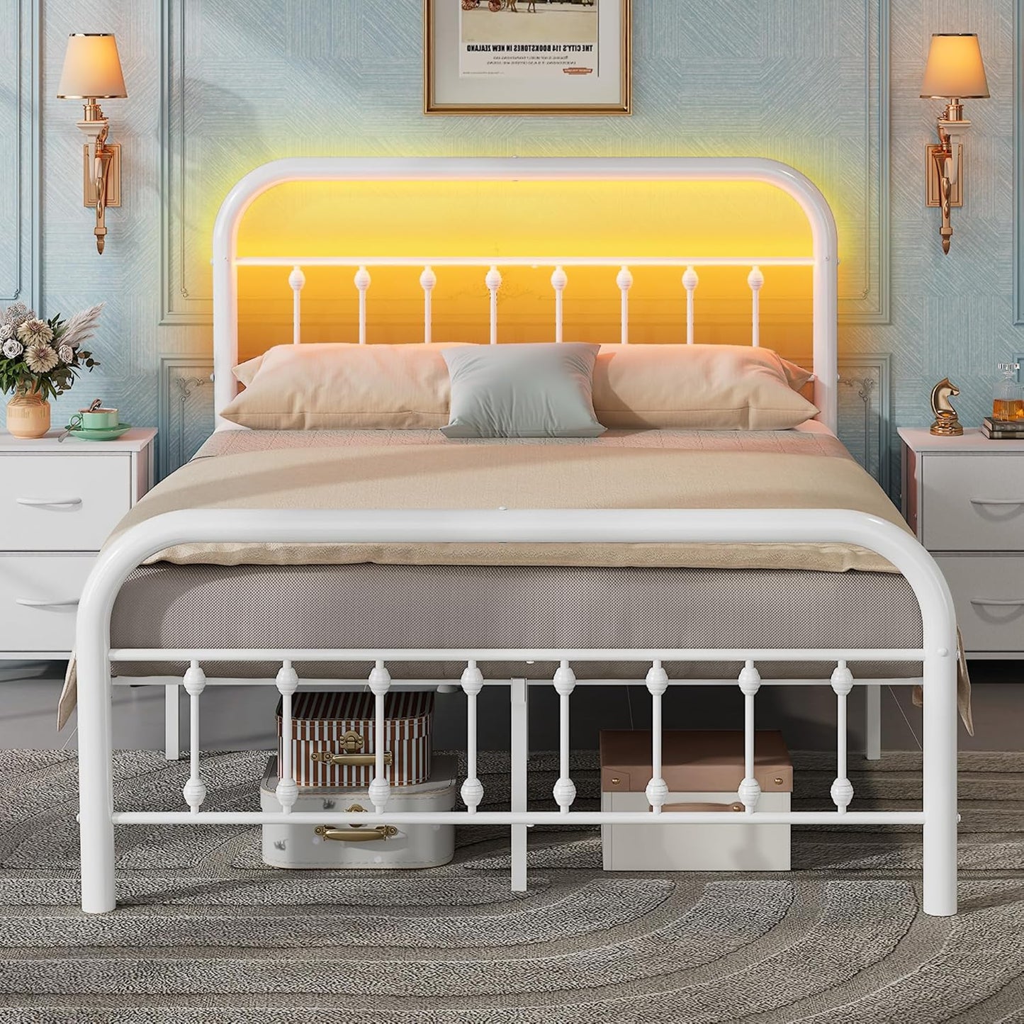Full Size Bed Frame Full Bed Frame with LED Lights and Charging Station