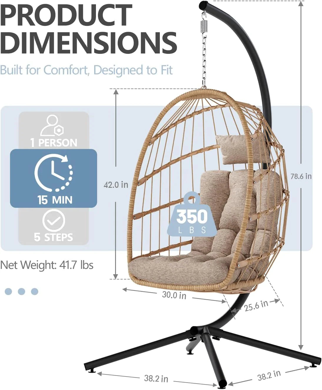 SWITTE Egg Chair Outdoor with Stand, Indoor Wicker Hanging Egg Swing Chair with Cushion, 350lbs Capacity for Patio, Bedroom