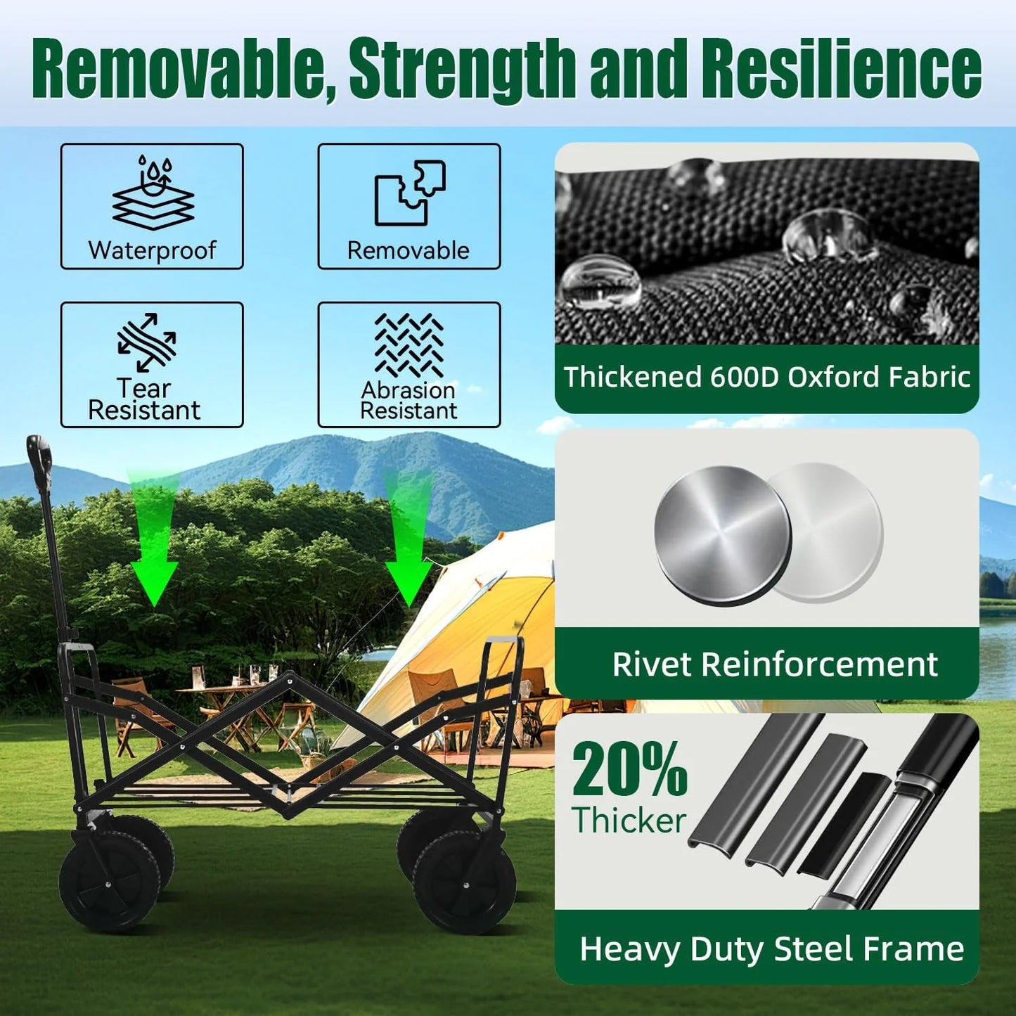 Foldable 4-wheel cart, foldable, 37 inches long, 480 lb capacity, heavy-duty beach cart, shopping cart with wheels