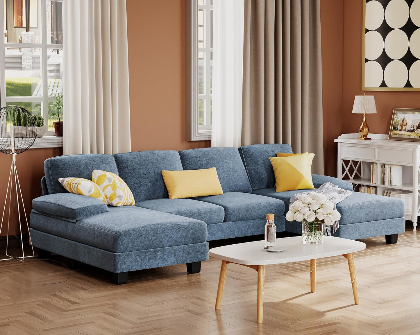 Furmax Sectional Couches for Living Room, U-Shaped Sofa Couch with Linen Fabric, 4 Seat Sofa Set with Double Chaise for Apartment (Fabric, Grey)