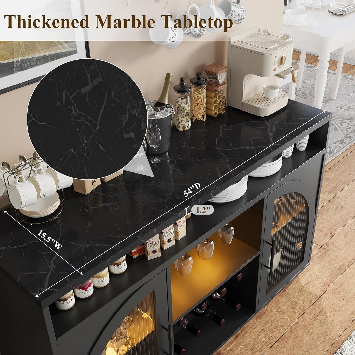 Sideboard, 54-inch kitchen cabinet with LED lights and arched glass doors, tall bar cabinet