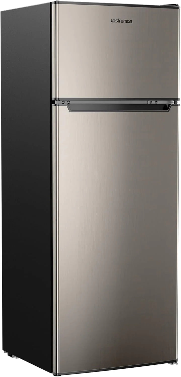 Upstreman 7.7 Cu.Ft. Refrigerator with Freezer, Double Door, Adjustable Thermostat, Large Capacity, Reversible Door Swing, Refrigerator for Apartment, Office, Dorm, Stainless (BD75)