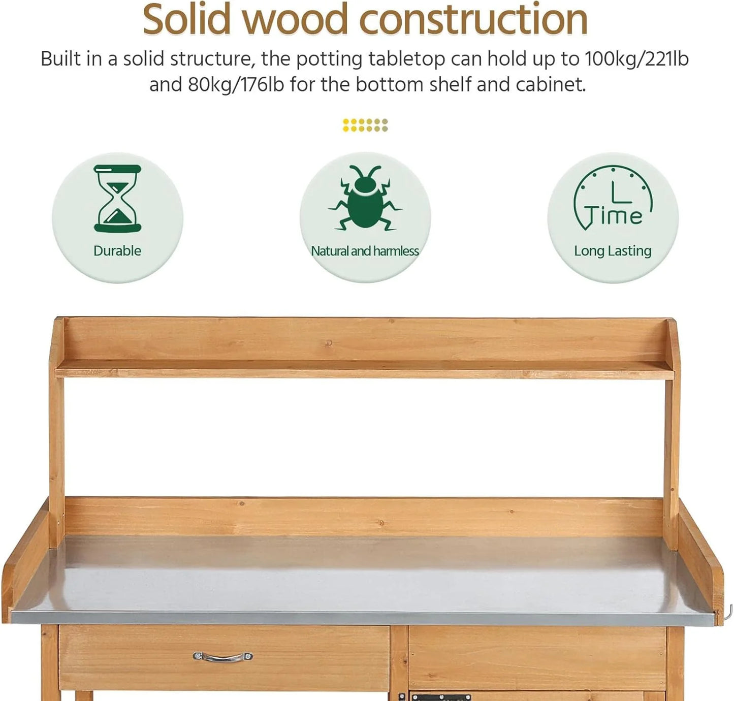 Yaheetech Outdoor Garden Potting Bench Table Work Bench Metal Tabletop W/Cabinet Drawer Open Shelf Natural Wood