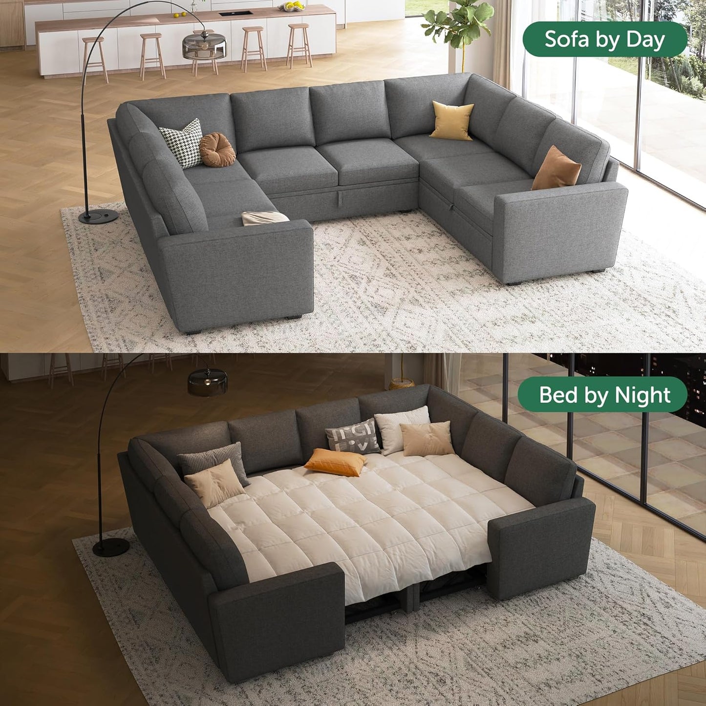 HONBAY Modular Sectional Sleeper Sofa with Pull Out Bed, L Shaped Couch with Storage Seat, Convertible Sectional Couches for Living Room
