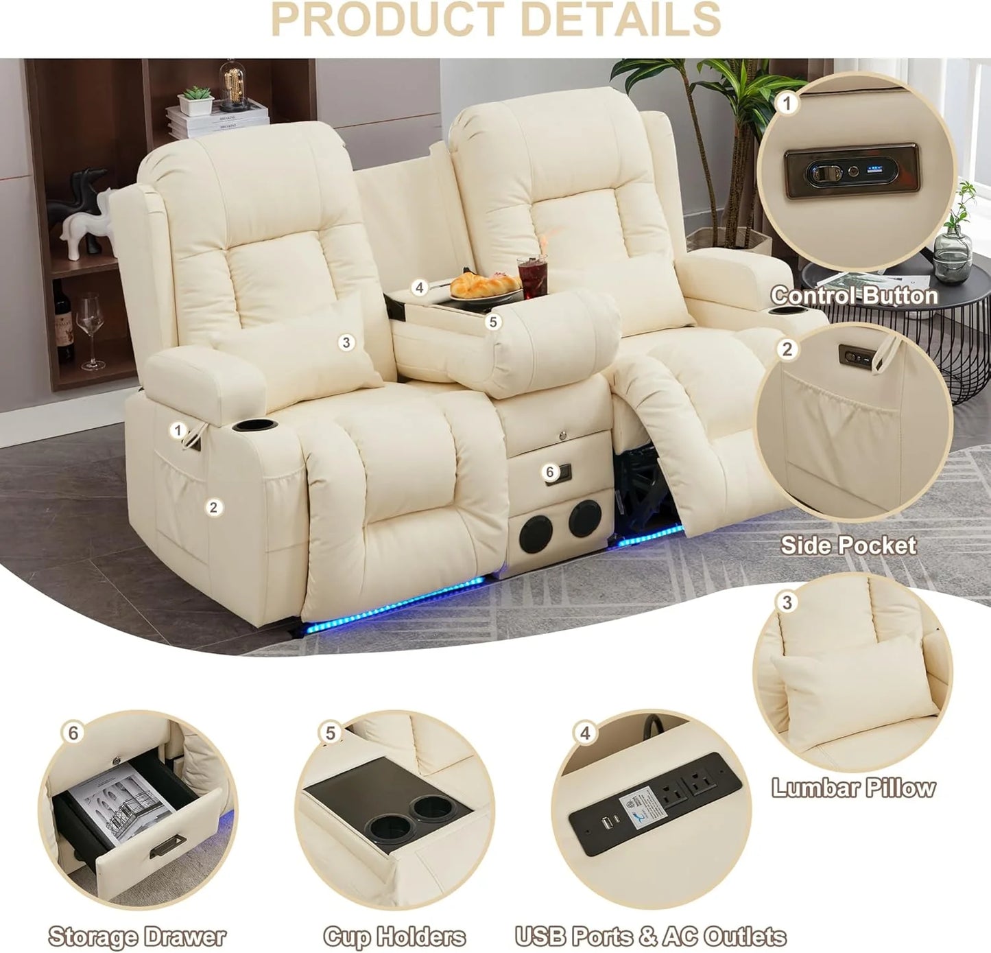 TUNYI Power Loveseat Recliner Sofa with Massage & Heat Home Theater Seating with Console Electric Recliner RV Sofa with USB/Outlet/Storage/Side Pocket/LED Light/Speaker (Brown, Loveseat)