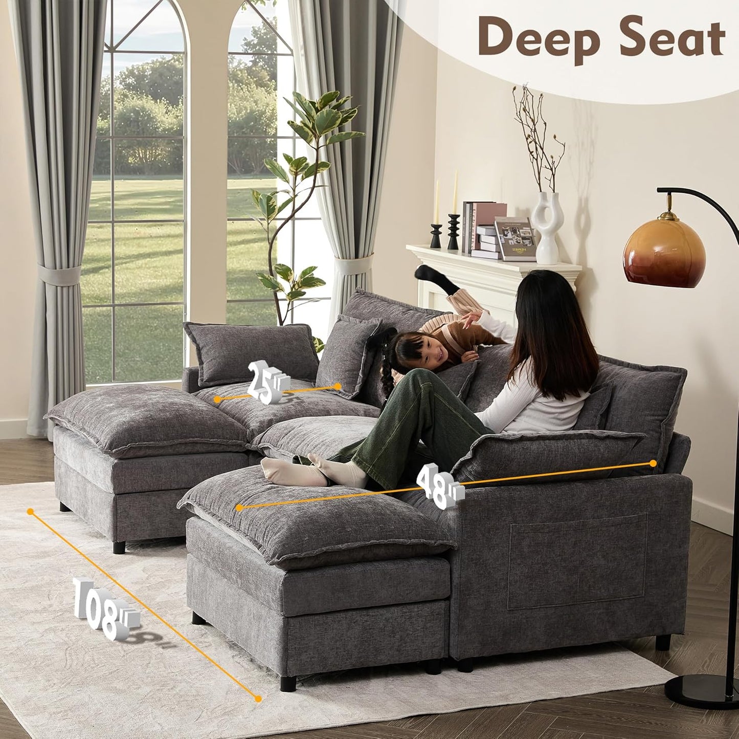 108 Inch U Shape Sofa, Sectional Sofa, Comfortable Cloud Sofa with Removable Footstool, Living Room Deep Seat Sofa, Linen, Beige