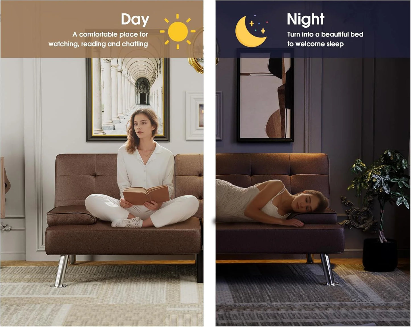 Flamaker Futon Sofa Bed Modern Folding Futon Set Convertible Recliner Lounge for Living Room with 2 Cup Holders, Removable Armrests (PU Leather, Black)