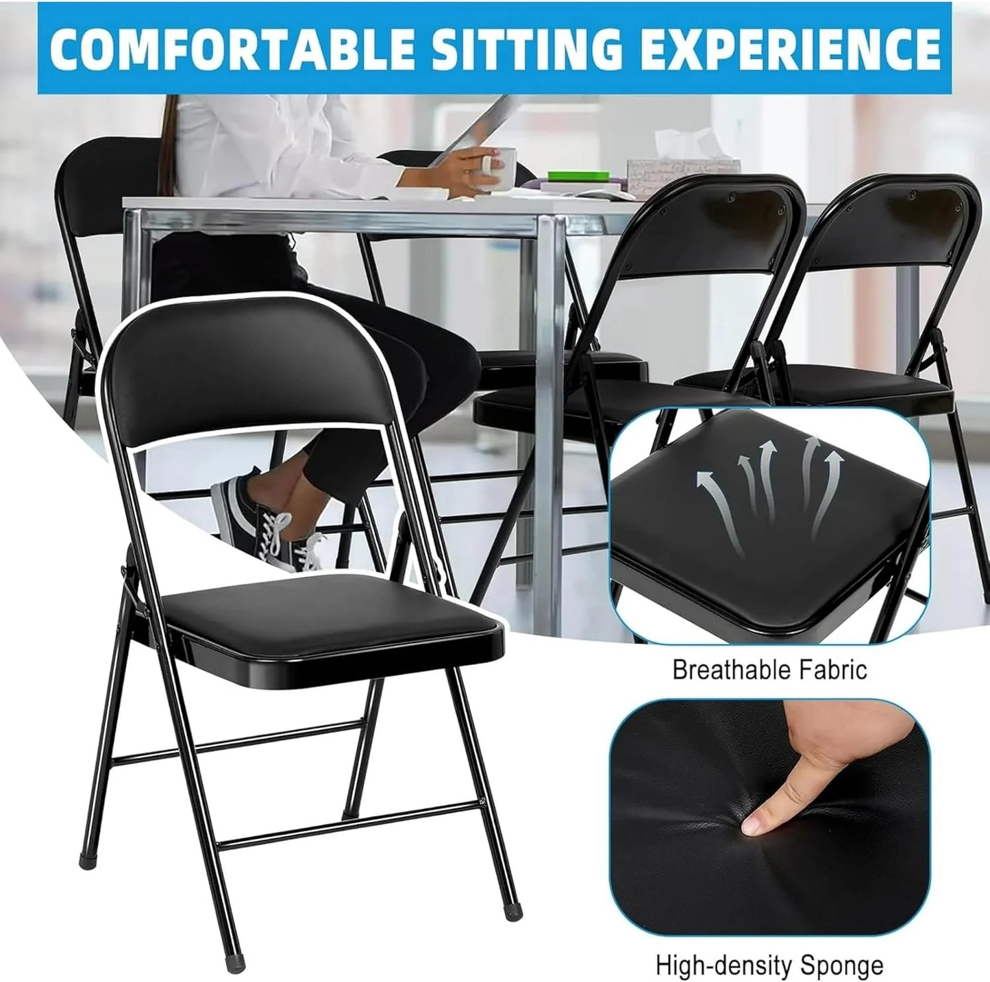 6 Pack Black Folding Chairs with Leather Chairs for Indoor and Outdoor Events Office Wedding Party Upholstered Chairs