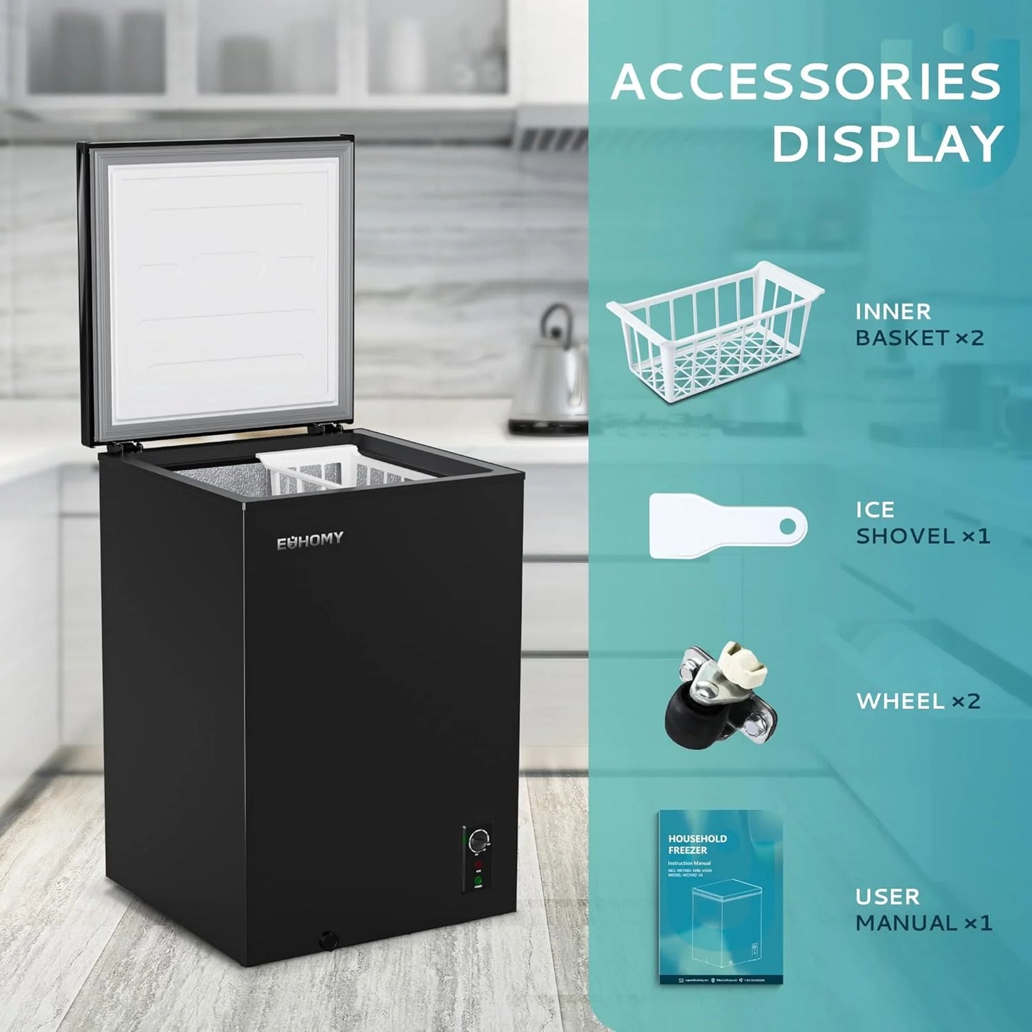EUHOMY 3.5 Cu.Ft Chest Freezer with Removable Basket, Small Deep Freezer Adjustable 7 Thermostat, Quiet Mini Freezer Free-Standing Top Door, Energy Saving for Apartment/Garage/Basement/Dorm/Home,Black