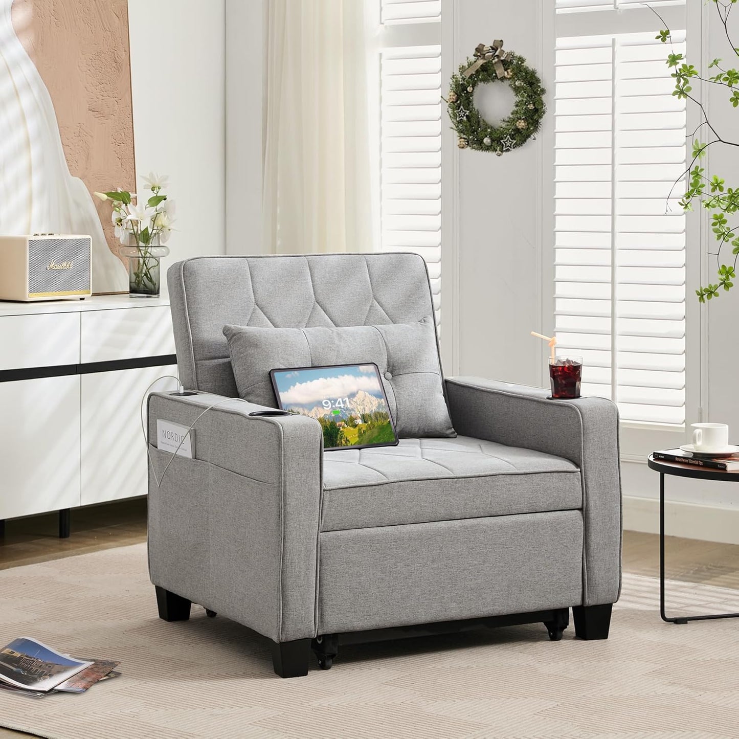 Adult Convertible Sleeper Chair Bed, 3-in-1 Pull-Out Sofa Bed with USB/Type-C Ports, Cup Holders, Side Pockets, Single Sofa