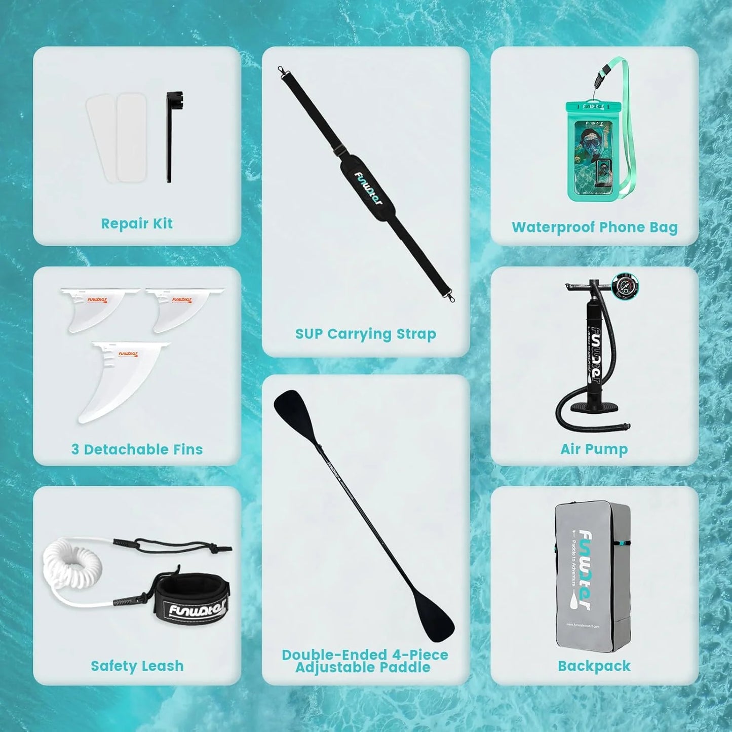 FunWater Inflatable Stand Up Paddle Board with Premium SUP Paddle Accessories, Non-Slip EVA Deck, 11'/10'6' Paddle