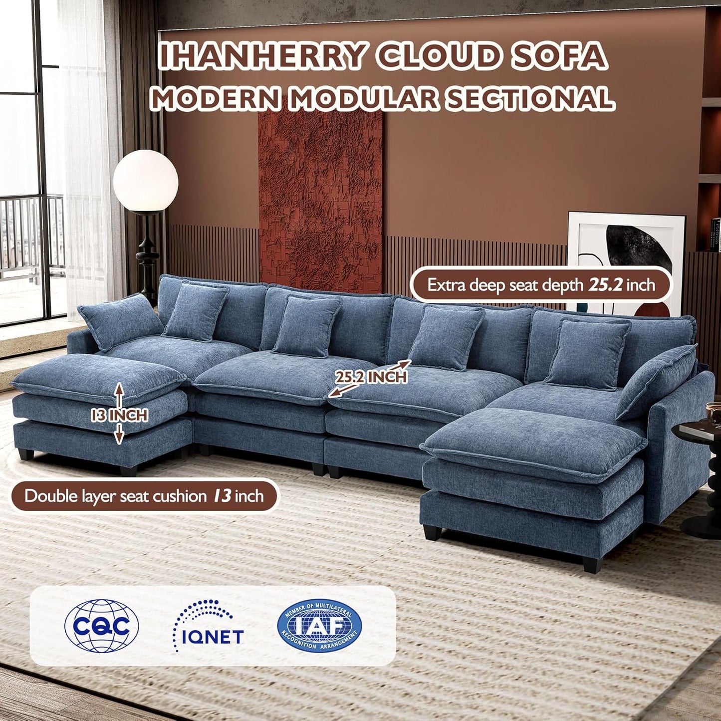 111.4 Inch L-Shaped Modern Sofa Modular Cloud Sofa with Ottoman, 4-Seater Chenille Deep Seat Sofa with Pillows for Living Room, Bedroom and Apartment, Beige