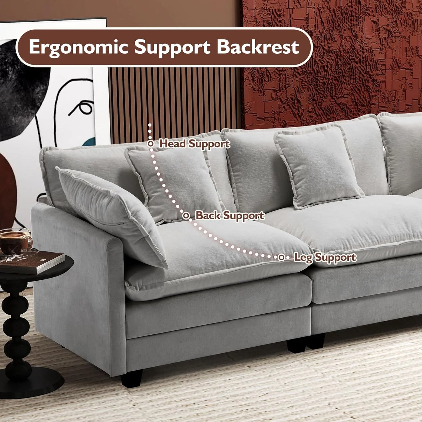 111.4 Inch L-Shaped Modern Sofa Modular Cloud Sofa with Ottoman, 4-Seater Chenille Deep Seat Sofa with Pillows for Living Room, Bedroom and Apartment, Beige