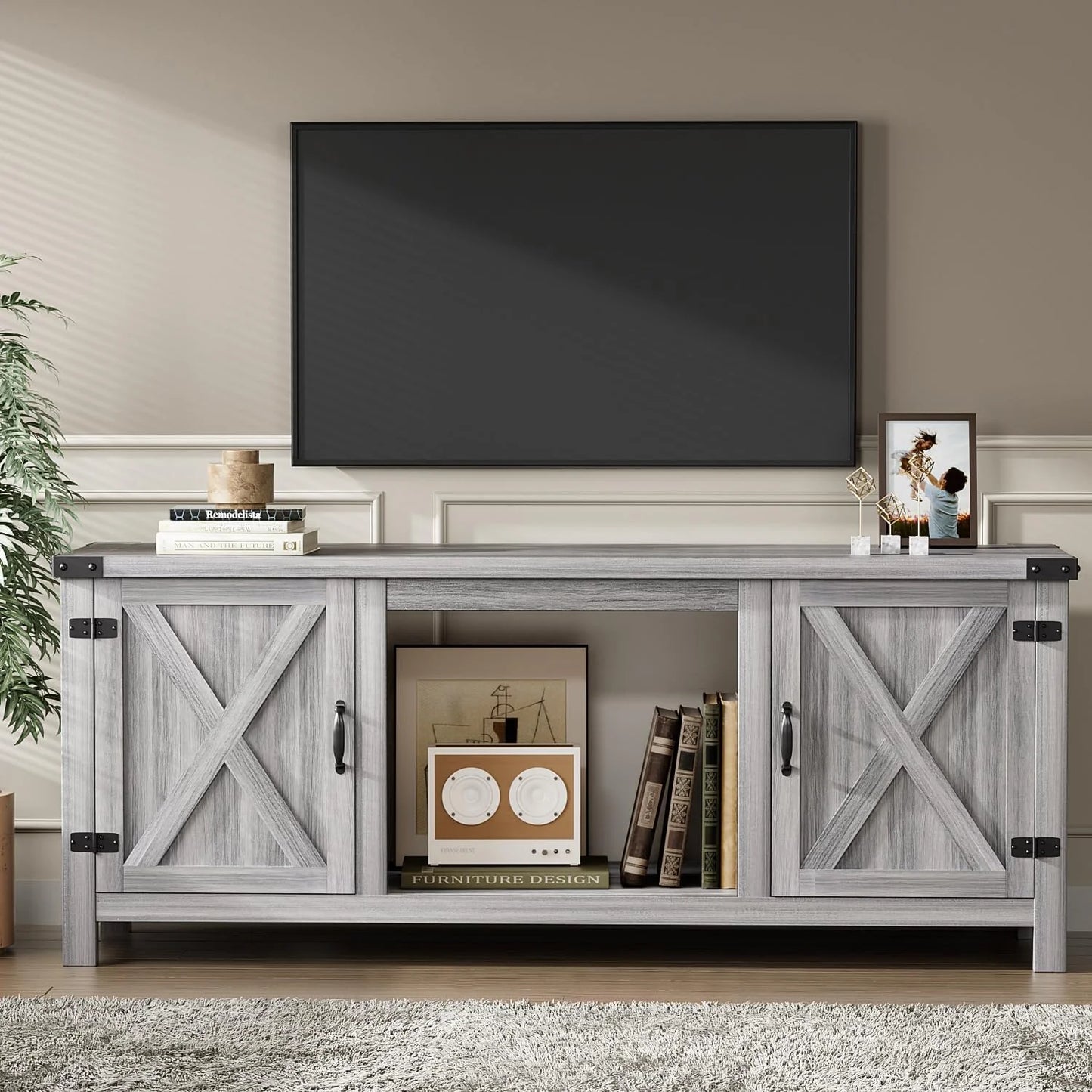 YESHOMY Fireplace TV Stand with Two Barn Doors and Storage Cabinets for Televisions up to 65+ Inch, Entertainment Center Console Table, Media Furniture for Living Room, 58 Inch