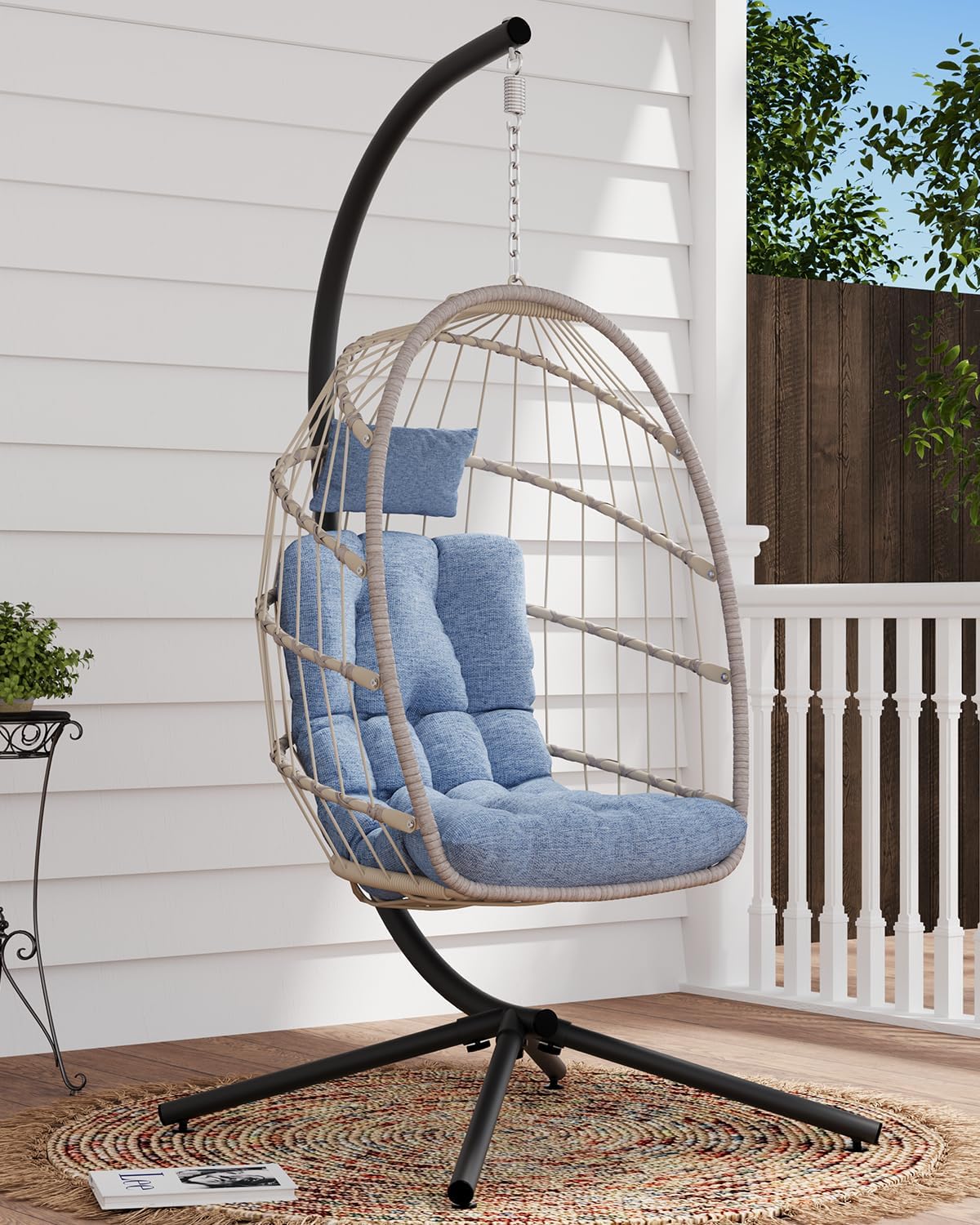SWITTE Egg Chair Outdoor with Stand, Indoor Wicker Hanging Egg Swing Chair with Cushion, 350lbs Capacity for Patio, Bedroom