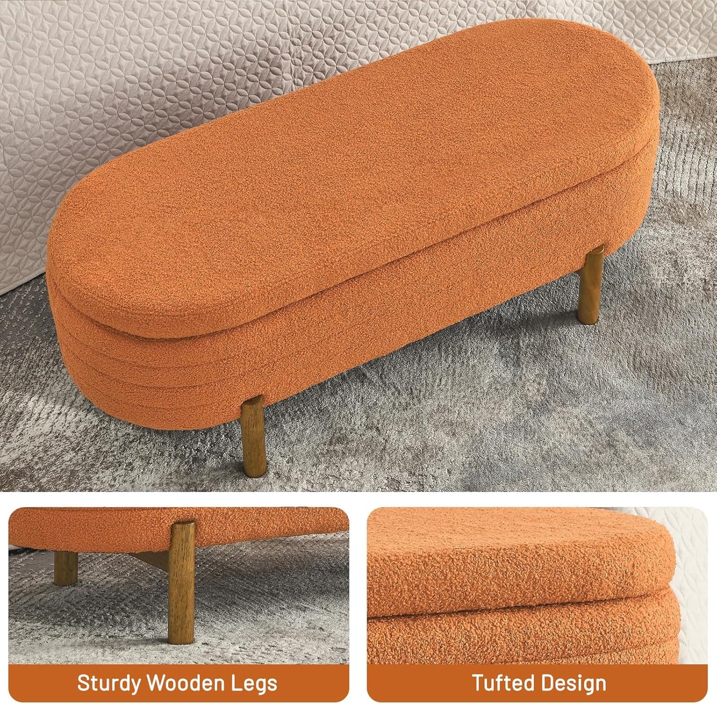 Furniliving Modern Storage Ottoman Bench, Sherpa Ottoman End of Bed Bench with Solid Wood Legs Upholstered Ottoman Benches with Storage Indoor Bench