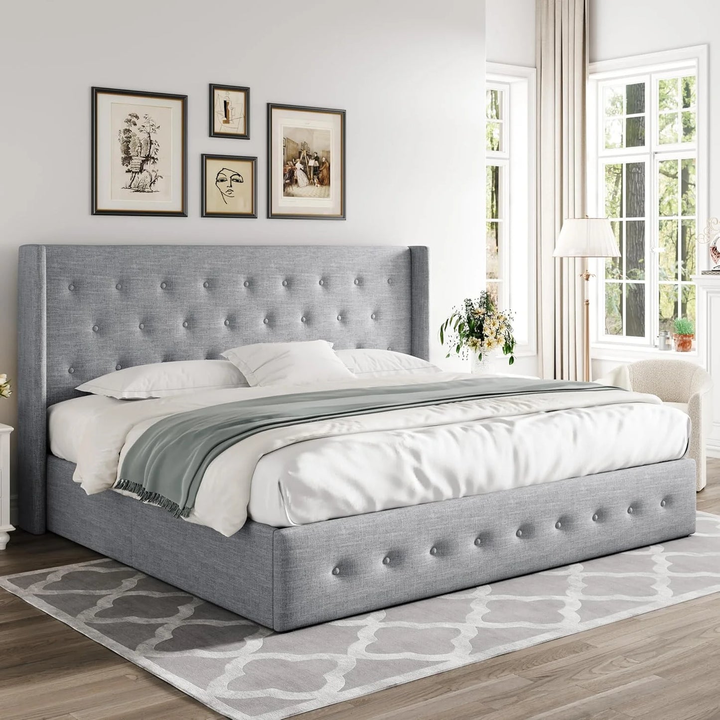 Allewie Queen Size Lift Up Storage Bed, Modern Wingback Headboard, Hydraulic Support, No Box Spring Needed, Light Beige