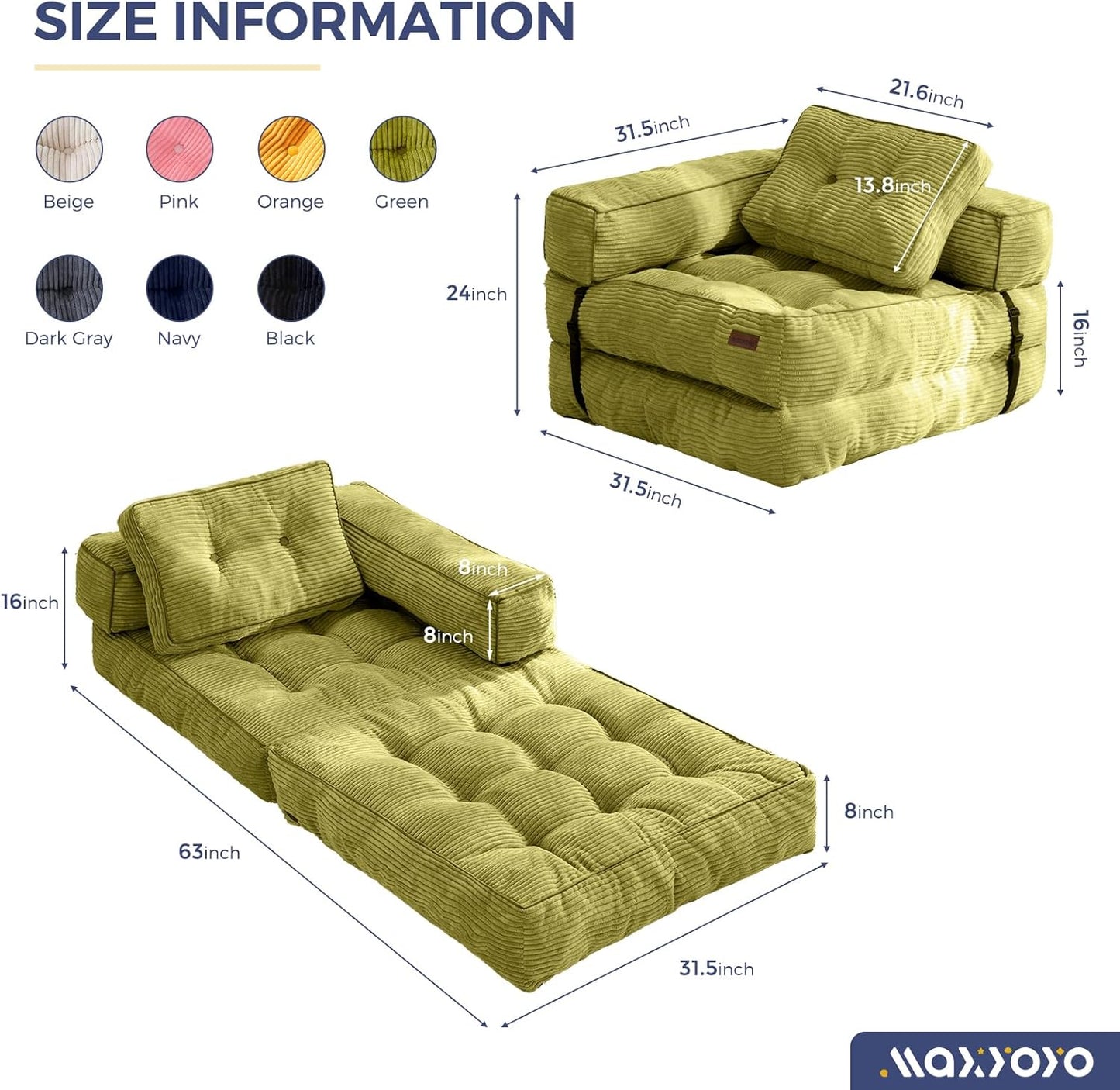 Folding Sofa Bed, L-Shaped Convertible Sofa Bed with Armrests and Pillows,