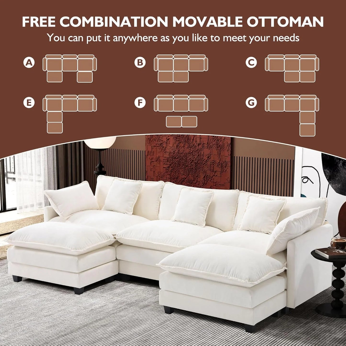 111.4 Inch L-Shaped Modern Sofa Modular Cloud Sofa with Ottoman, 4-Seater Chenille Deep Seat Sofa with Pillows for Living Room, Bedroom and Apartment, Beige