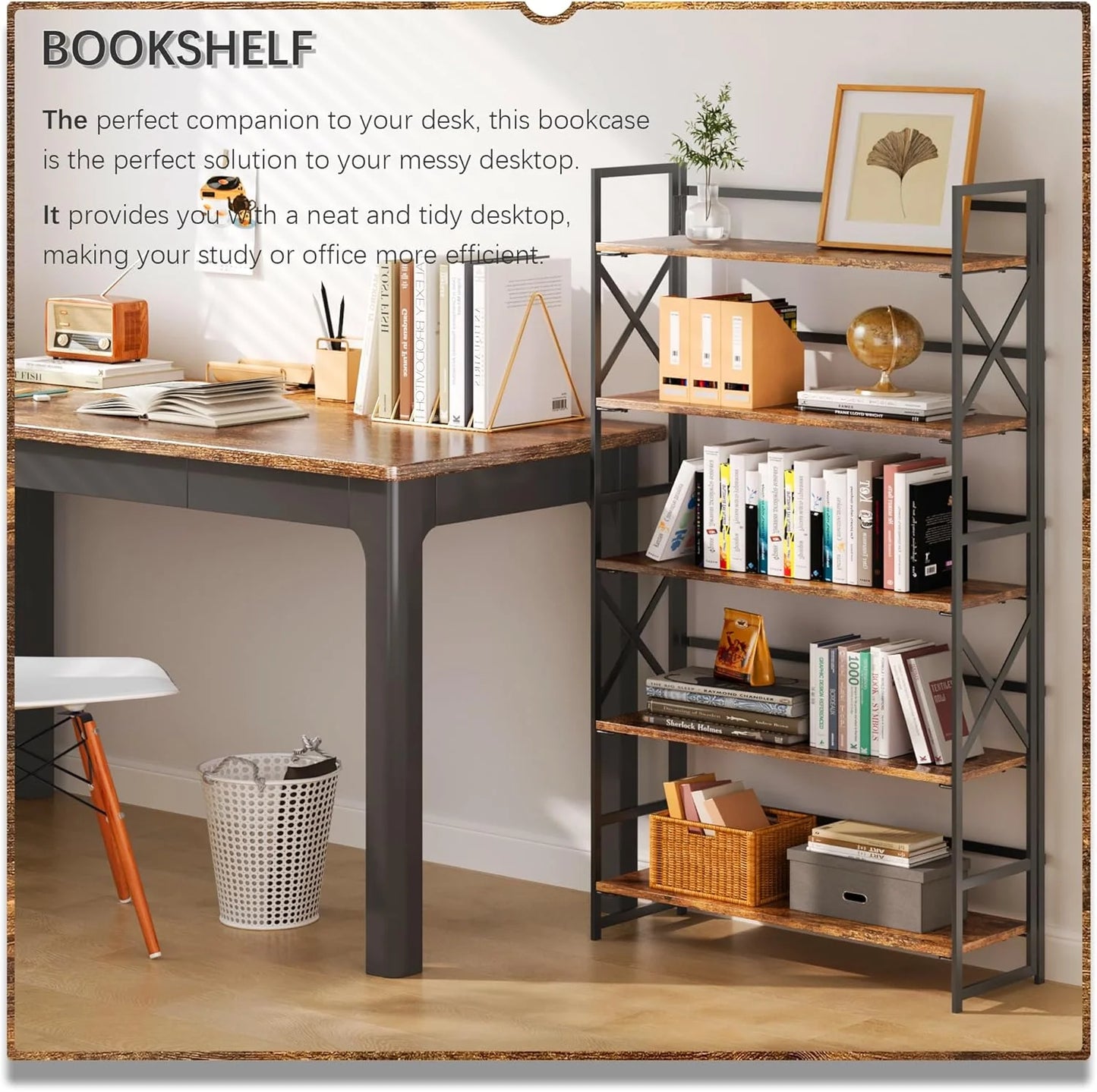 5 Tiers No Assembly Book Shelves 51.2" H Folding Bookshelf Bookcase