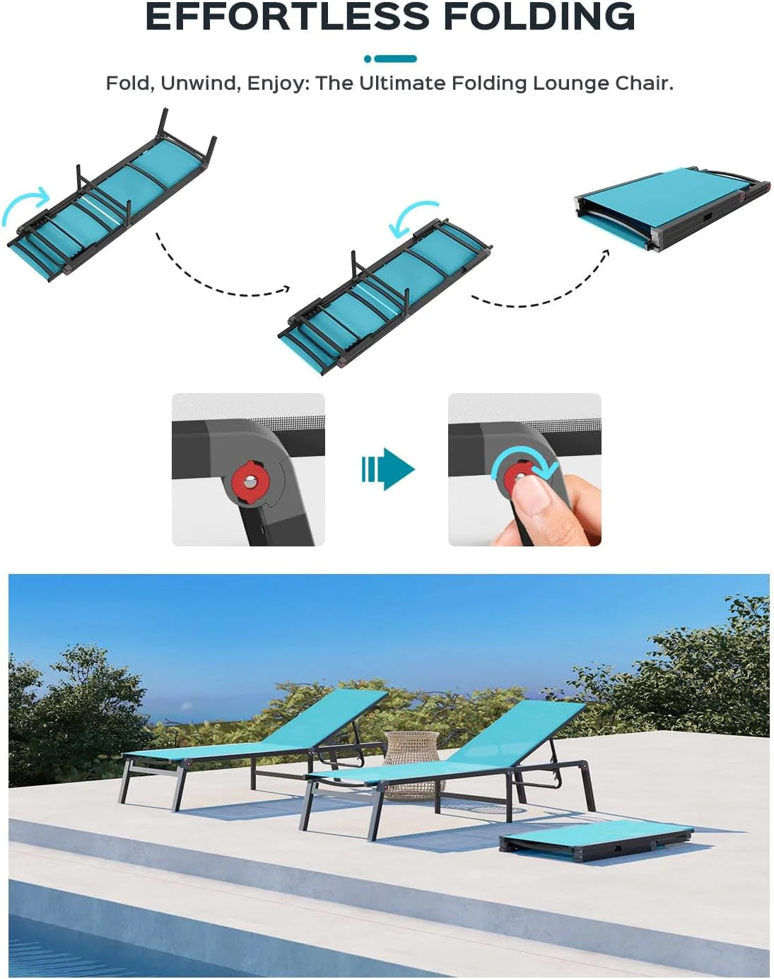 Aluminum Chaise Lounge Ourdoor - Foldable & Assemble Free Outdoor Lounge Chair with 5 Adjustable Backrest, Patio Lounge Chair for Outside Poolside Beach Pool, Black