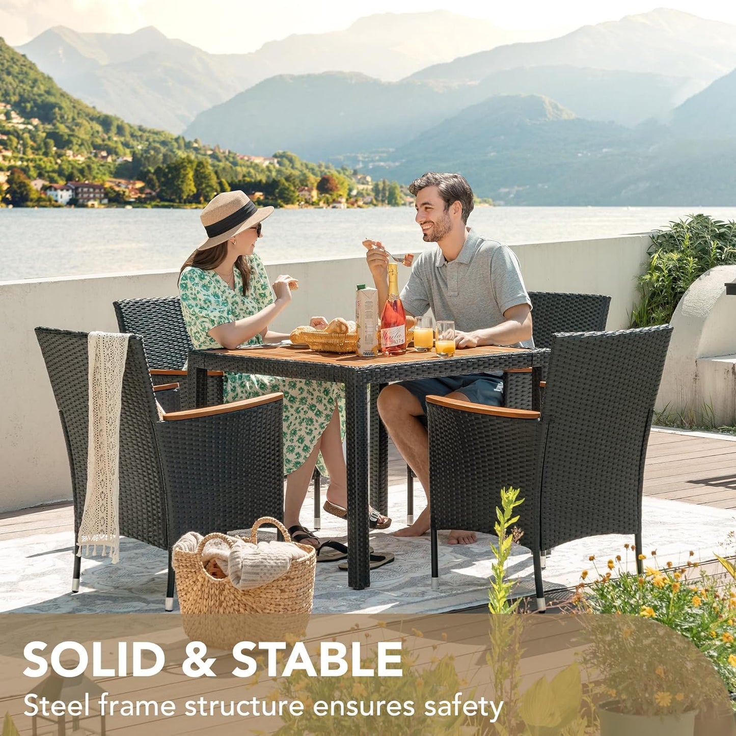 Devoko Dining 7 PCS Furniture, Patio Conversation Set with Acacia Wood Table Top, Rattan Outdoor, Black