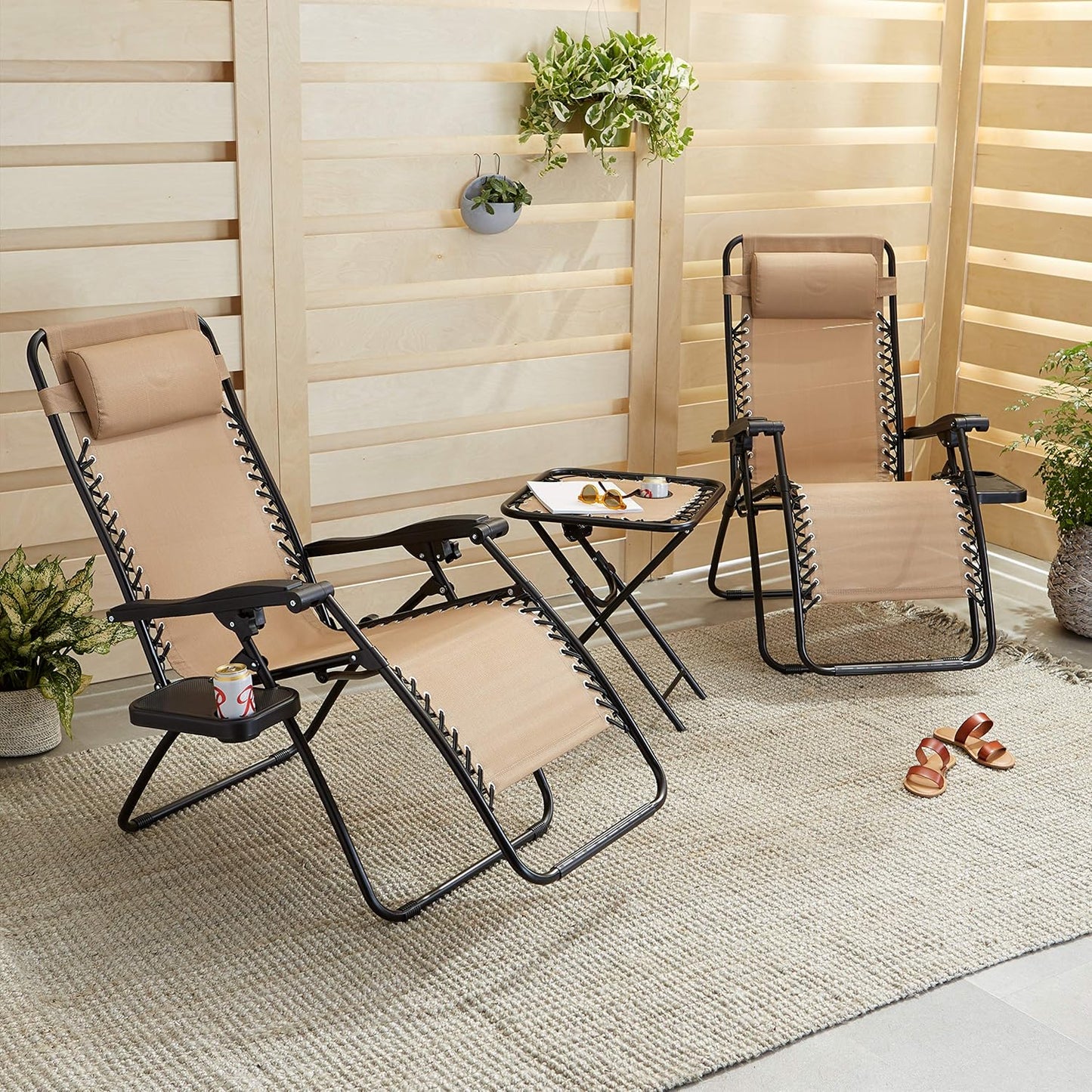 Amazon Basics Outdoor Patio Mesh Adjustable Zero Gravity Lounge Chair Recliners set of 2 with Side Table, 35 x 26 x 43 inches, Beige