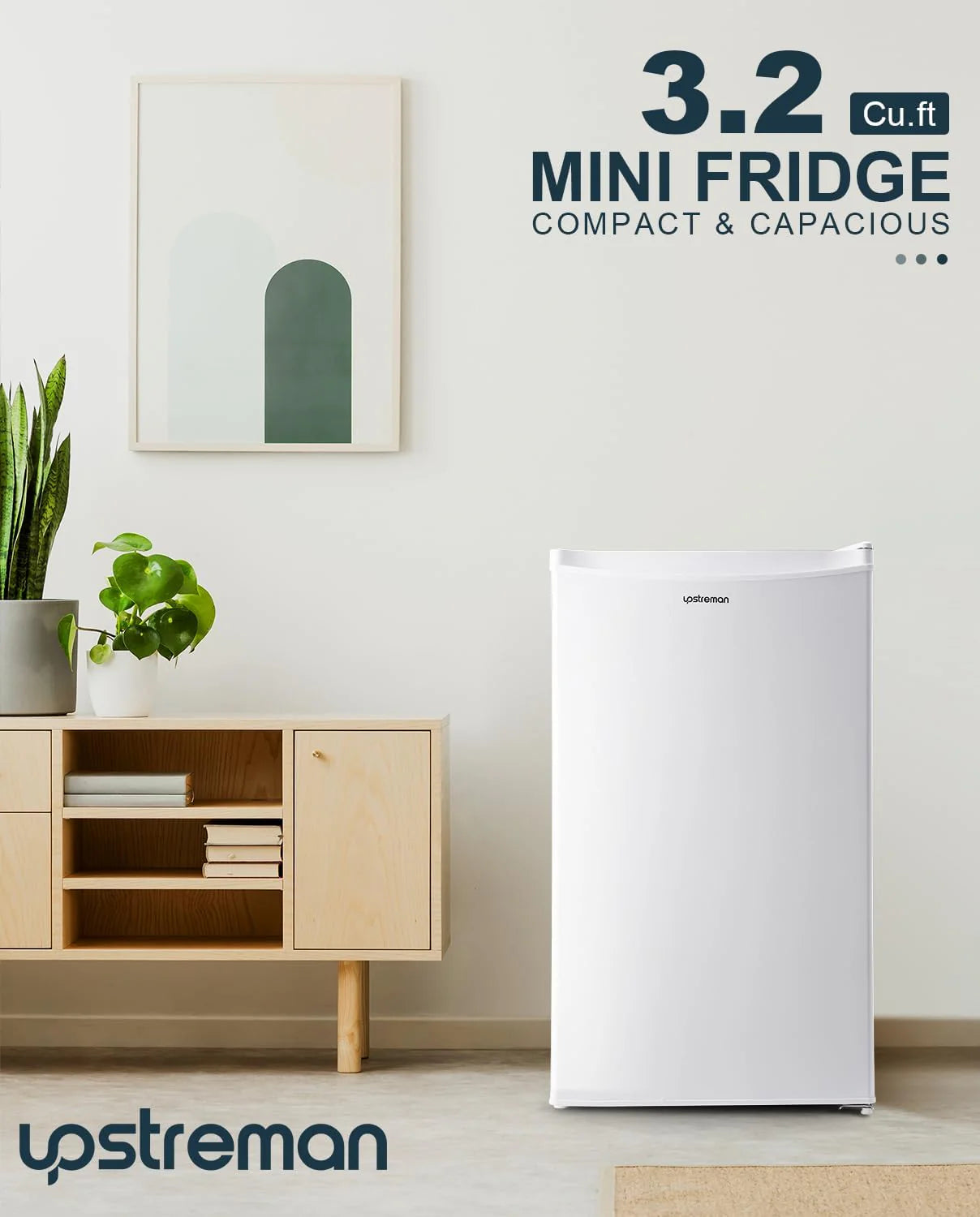 Upstreman 3.2 Cu.Ft Mini Fridge with Freezer, Single Door Mini Fridge, Dorm Fridge, Adjustable Thermostat, Mini Refrigerator for Bedroom, Office, Dorm, Black-BR321