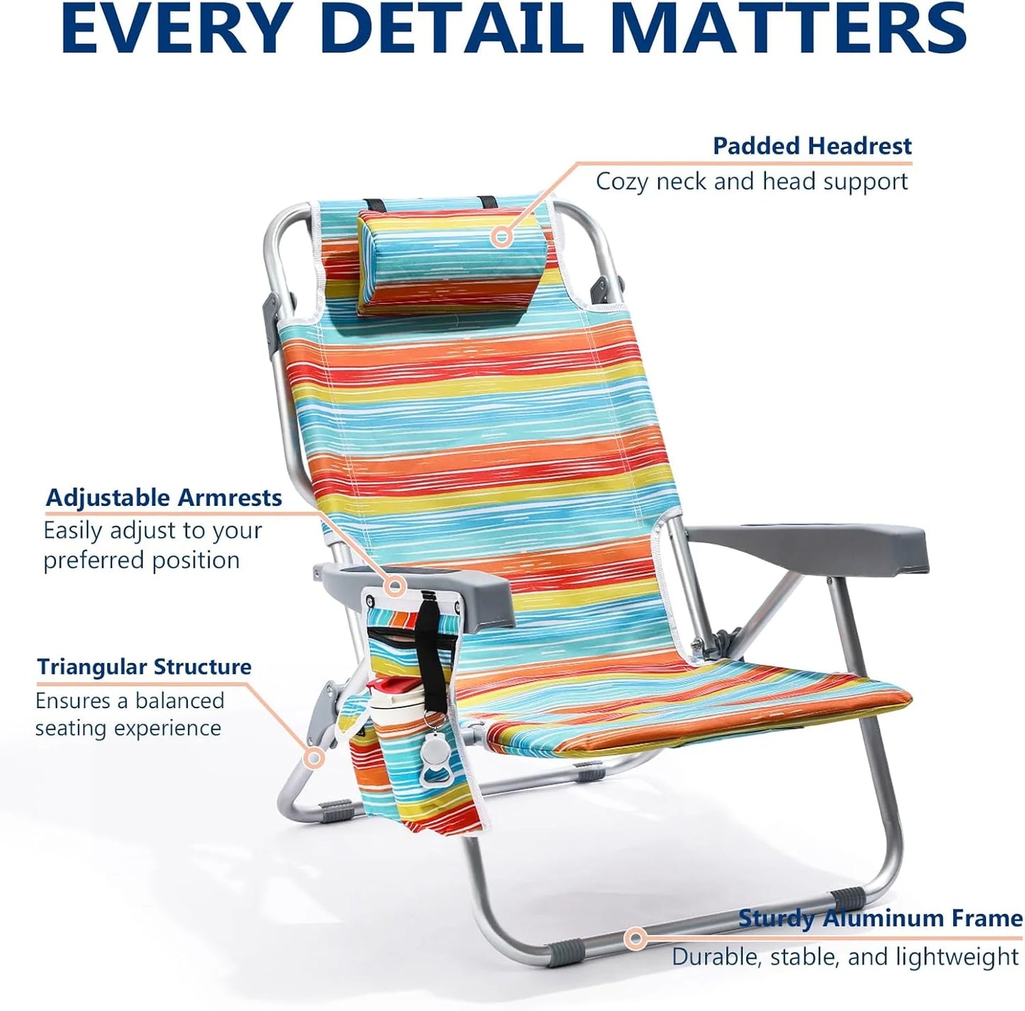 5-Position Aluminum Lay Flat Tall Backpack Beach Chairs 2 Pack Compact Portable Beach Chairs for Adults with Cooler Pouch, Storage Pouch, Towel Bar, Cup Holder & Phone Holder, Blue Stripe