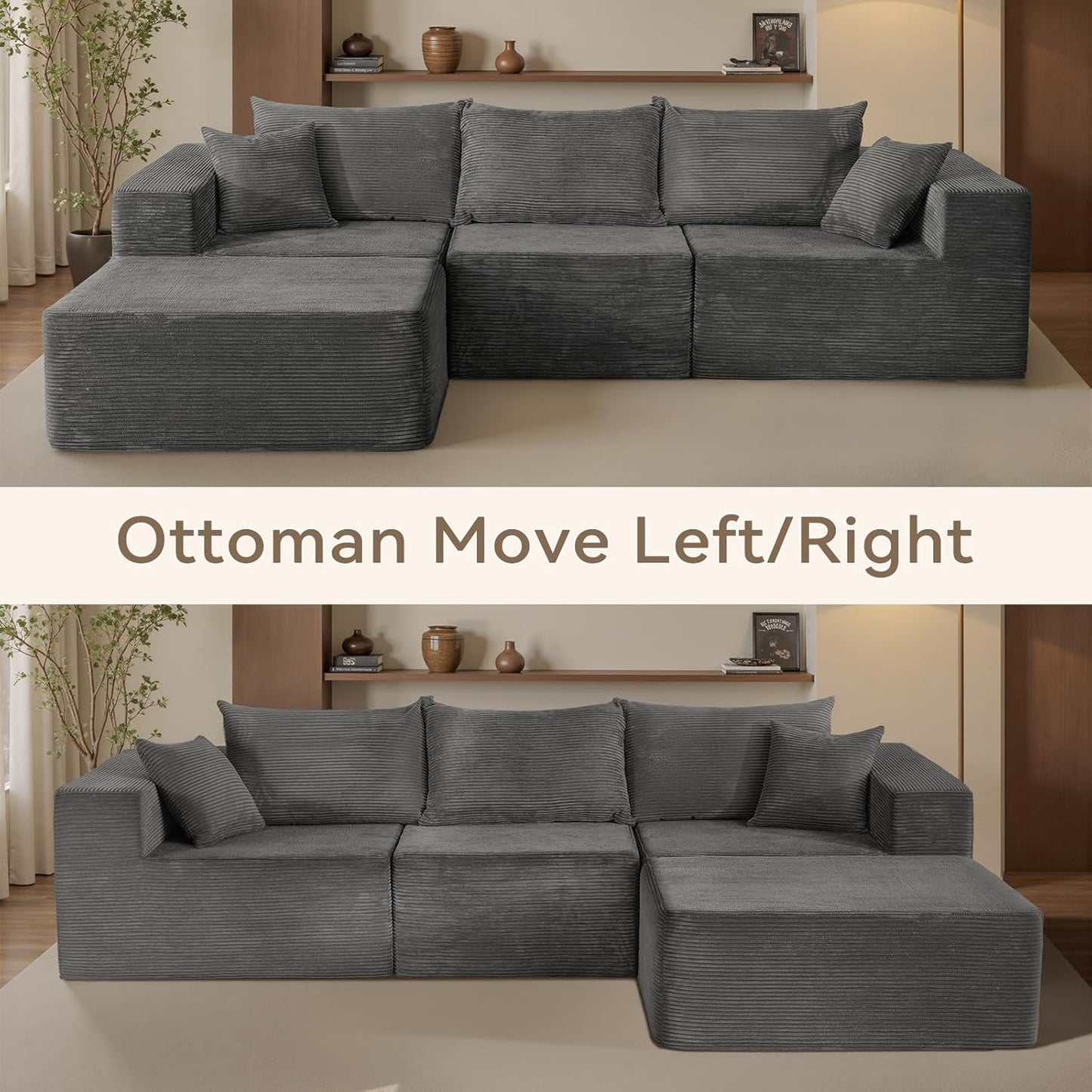 Cloud sofa with L-shaped lounge chair, modern modular sofa with deep seats