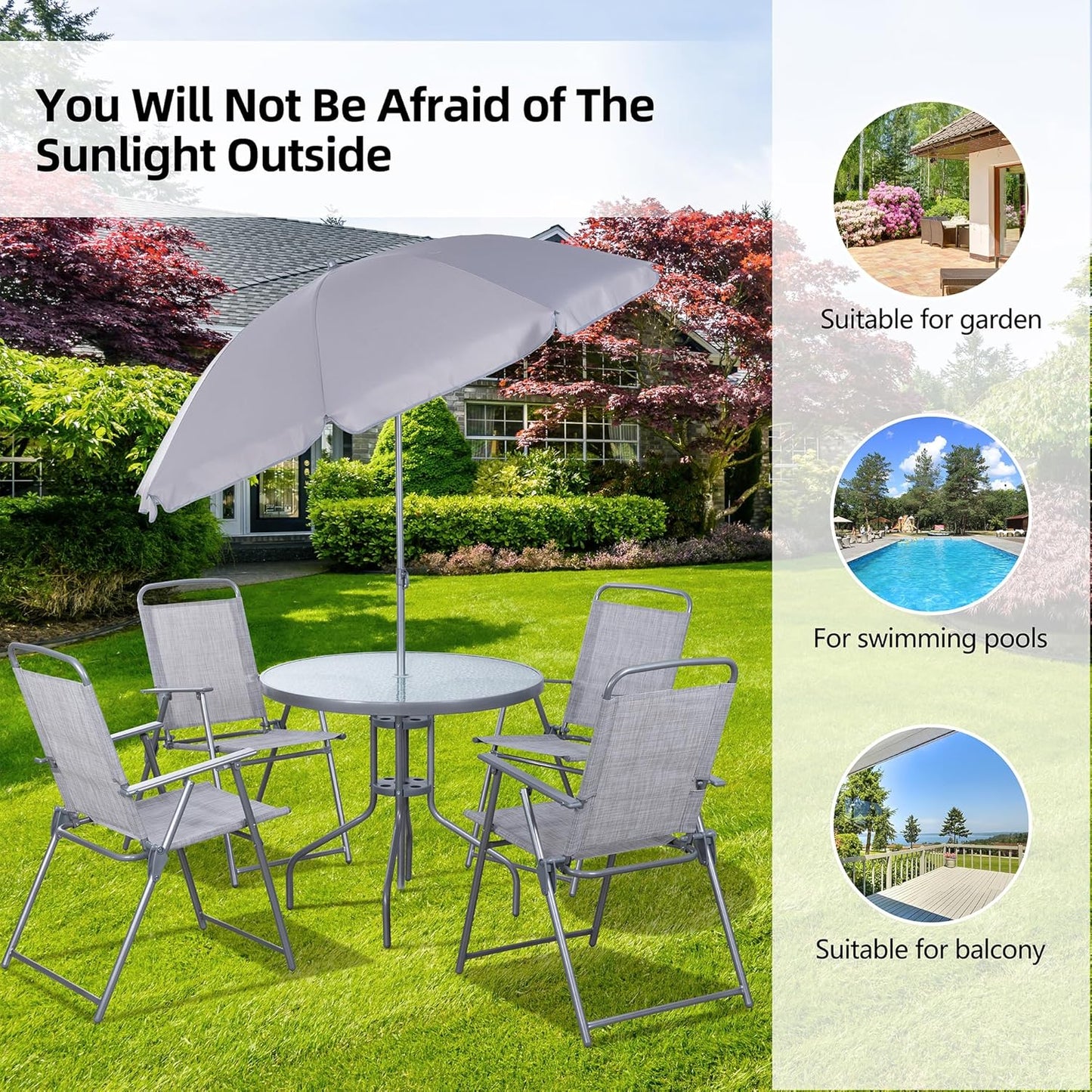 Vongrasig 6 Piece Folding Patio Dining Set,Small Metal Outdoor Garden Patio Table and Chair Set w/Umbrella for Lawn,Deck,Backyard,Black