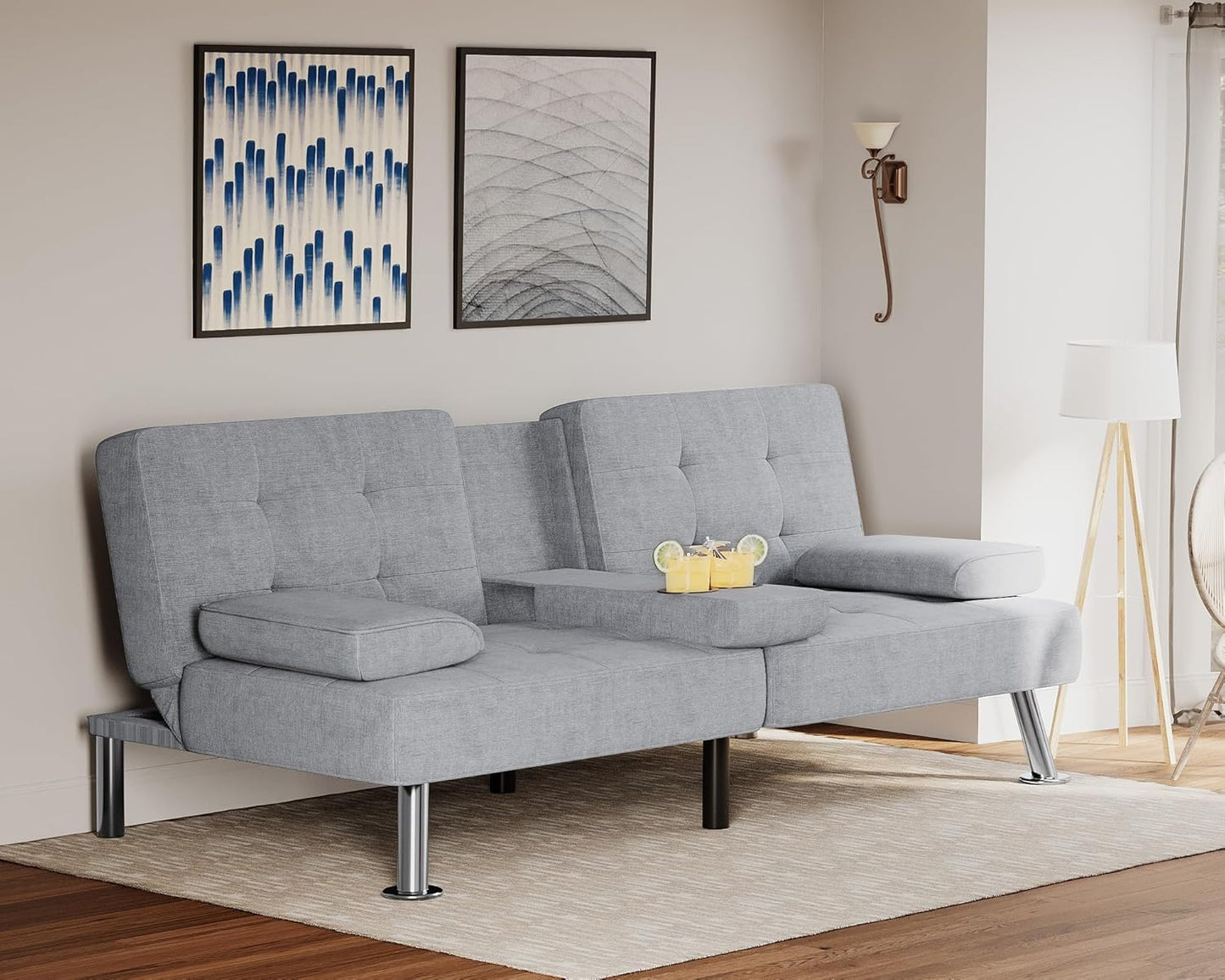 Flamaker Futon Sofa Bed Modern Folding Futon Set Convertible Recliner Lounge for Living Room with 2 Cup Holders, Removable Armrests (PU Leather, Black)