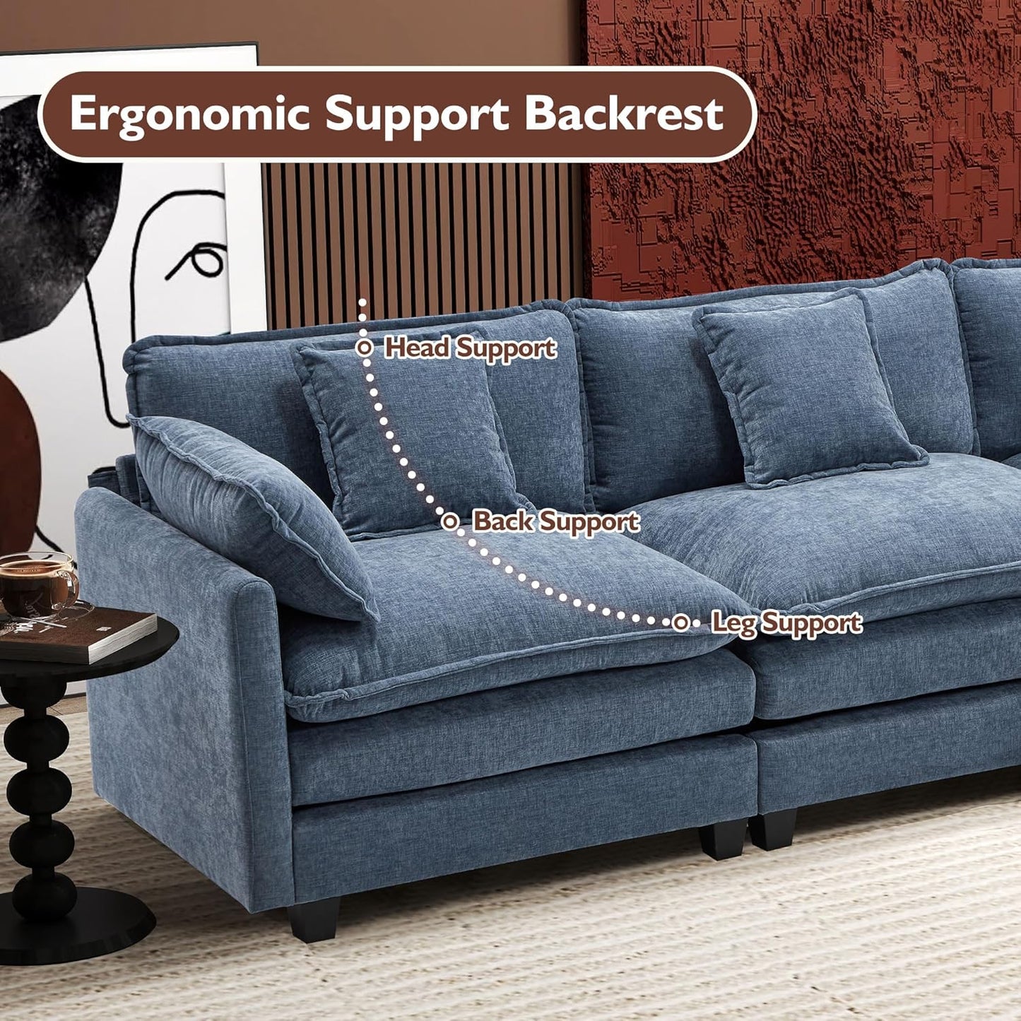 111.4 Inch L-Shaped Modern Sofa Modular Cloud Sofa with Ottoman, 4-Seater Chenille Deep Seat Sofa with Pillows for Living Room, Bedroom and Apartment, Beige