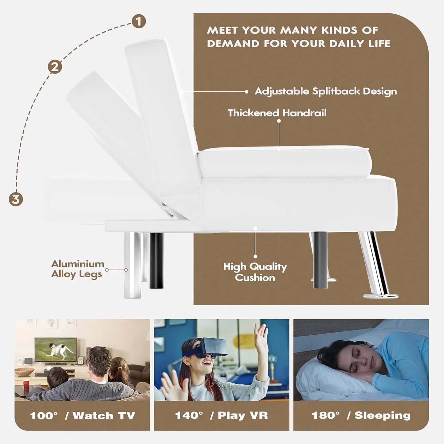 Homall Futon Sofa Bed, Leather Futon Couch with Removable Armrests, Adjustable Recliner Sleeper Sofa Bed with Dual Cup Holders for Living Room, Apartment