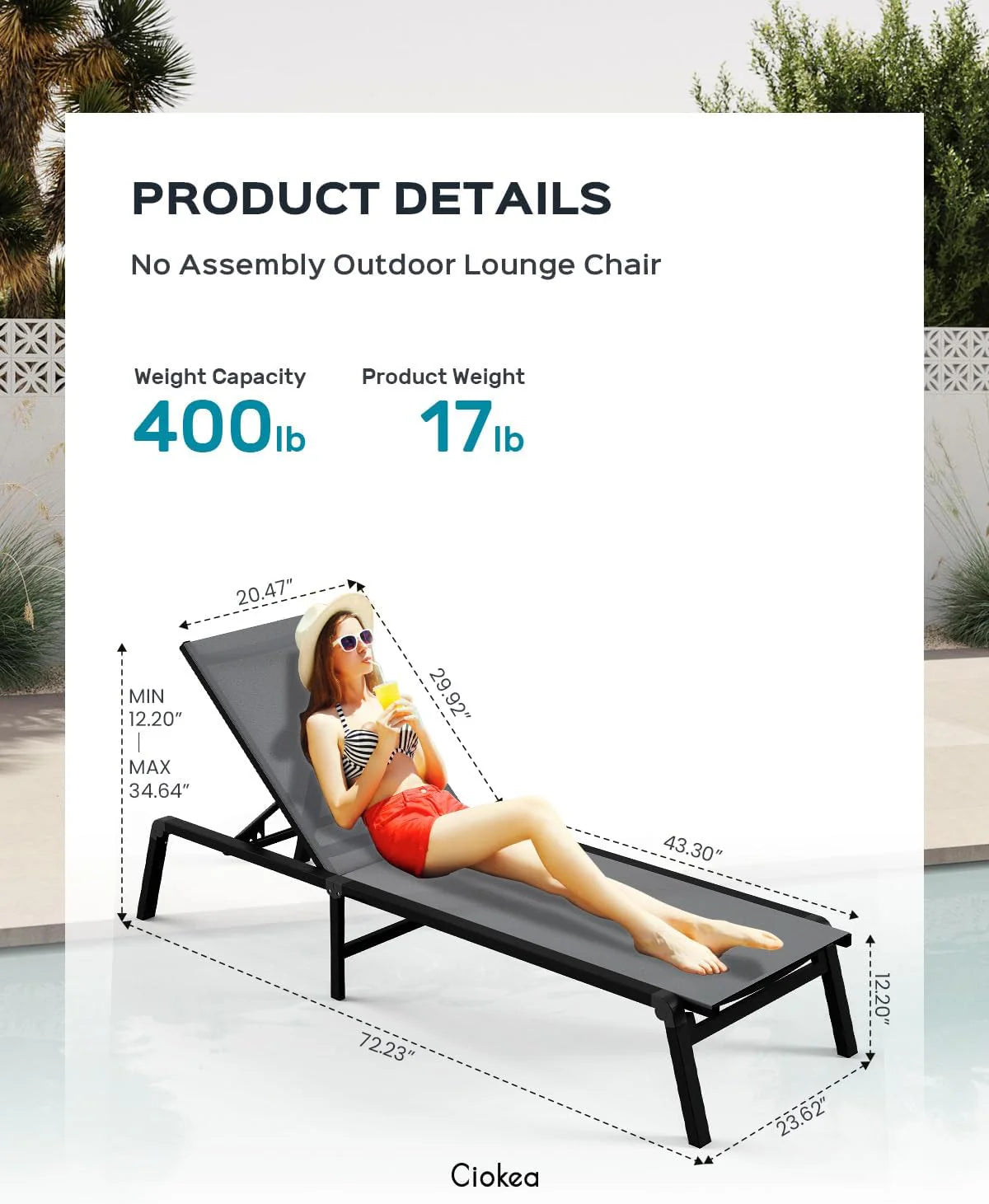 Aluminum Chaise Lounge Ourdoor - Foldable & Assemble Free Outdoor Lounge Chair with 5 Adjustable Backrest, Patio Lounge Chair for Outside Poolside Beach Pool, Black