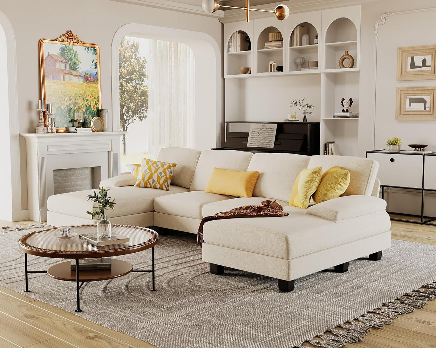 Furmax Sectional Couches for Living Room, U-Shaped Sofa Couch with Linen Fabric, 4 Seat Sofa Set with Double Chaise for Apartment (Fabric, Grey)