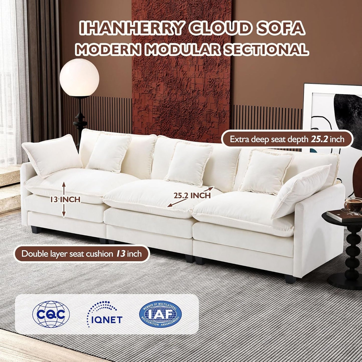 111.4 Inch L-Shaped Modern Sofa Modular Cloud Sofa with Ottoman, 4-Seater Chenille Deep Seat Sofa with Pillows for Living Room, Bedroom and Apartment, Beige