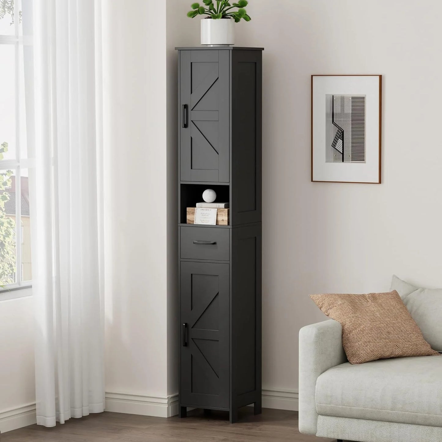 Homhedy 67" H Tall Bathroom Storage Cabinet with 2 Barn Doors and 1 Drawer, Narrow Storage Unit, Adjustable Shelves, Floor Cabinet for Bathroom, Living Room, Entryway, Kitchen, White, (15.7" W)