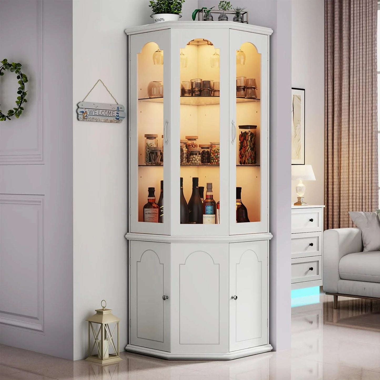 Corner wine cabinet with LED lights, tall modern wine cabinet, home bar wine storage cabinet