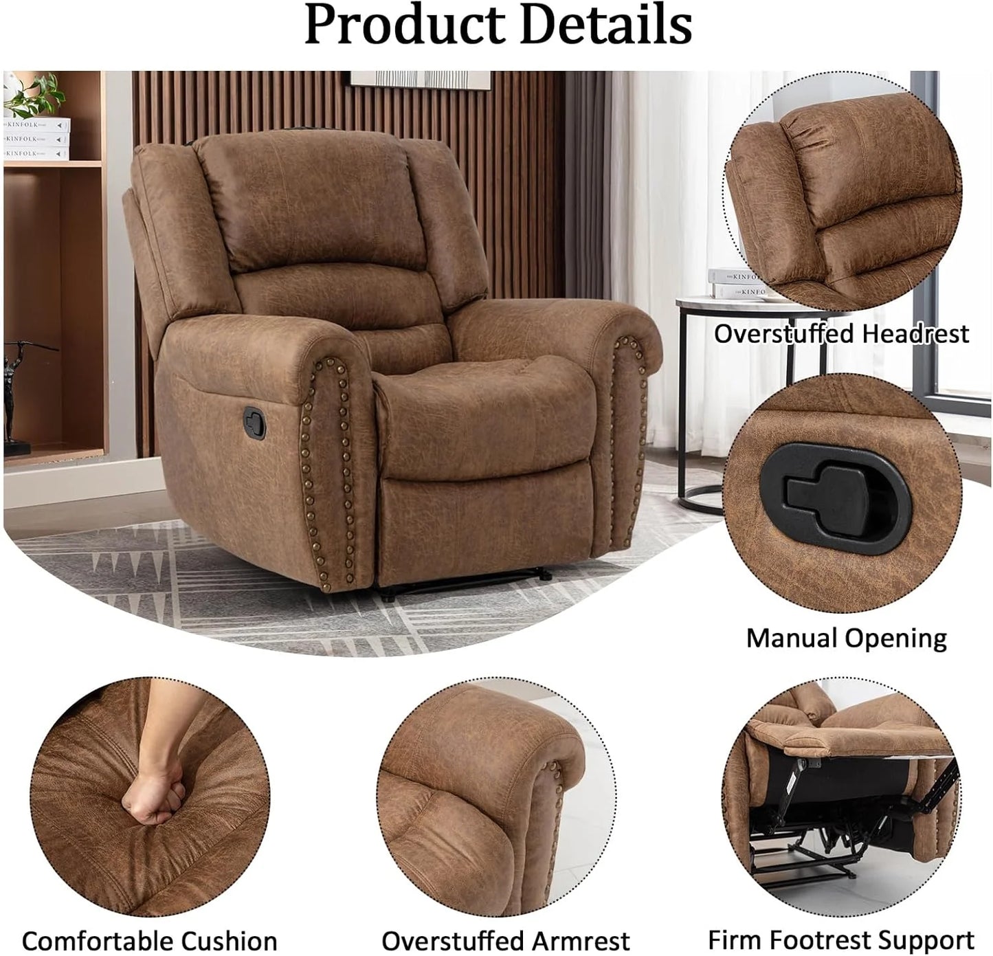 Leather recliner, classic traditional manual recliner, single sofa for living room