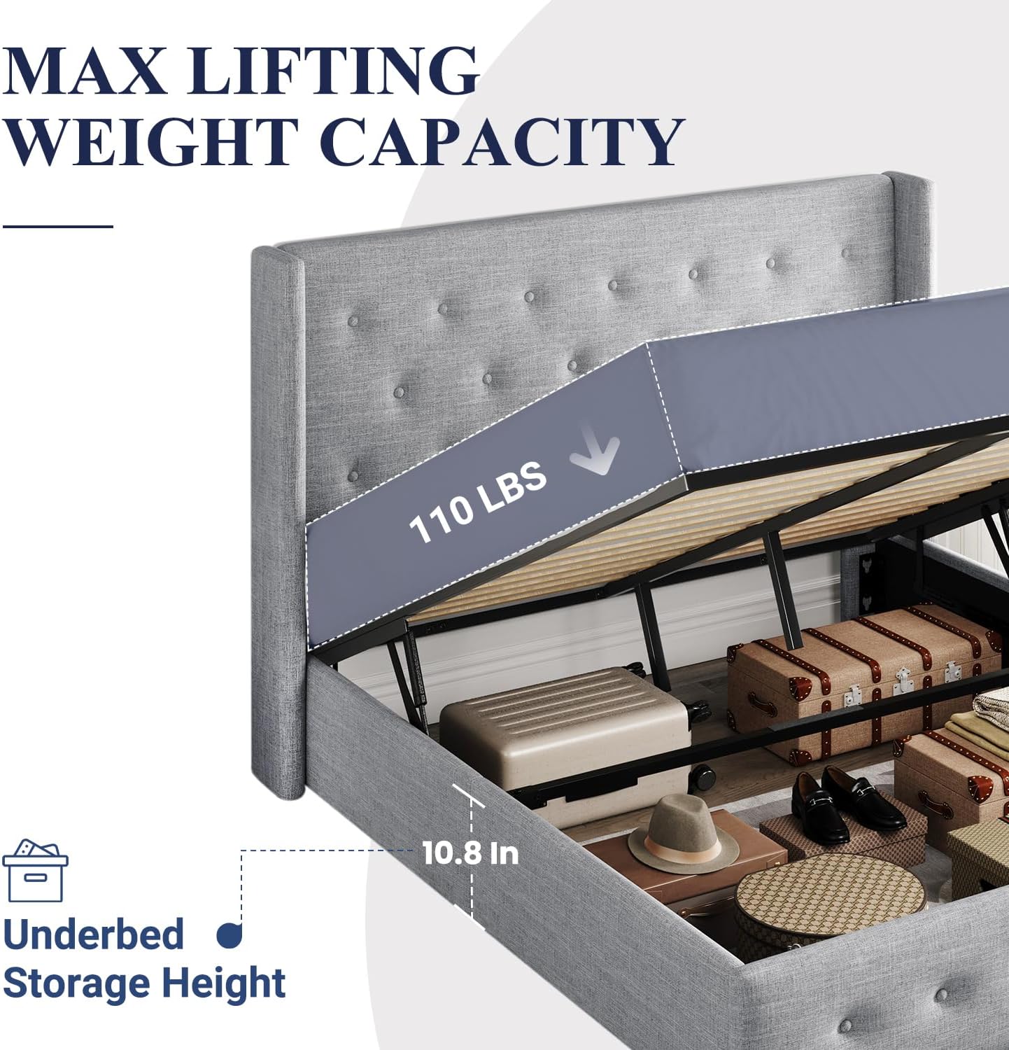 Allewie Queen Size Lift Up Storage Bed, Modern Wingback Headboard, Hydraulic Support, No Box Spring Needed, Light Beige