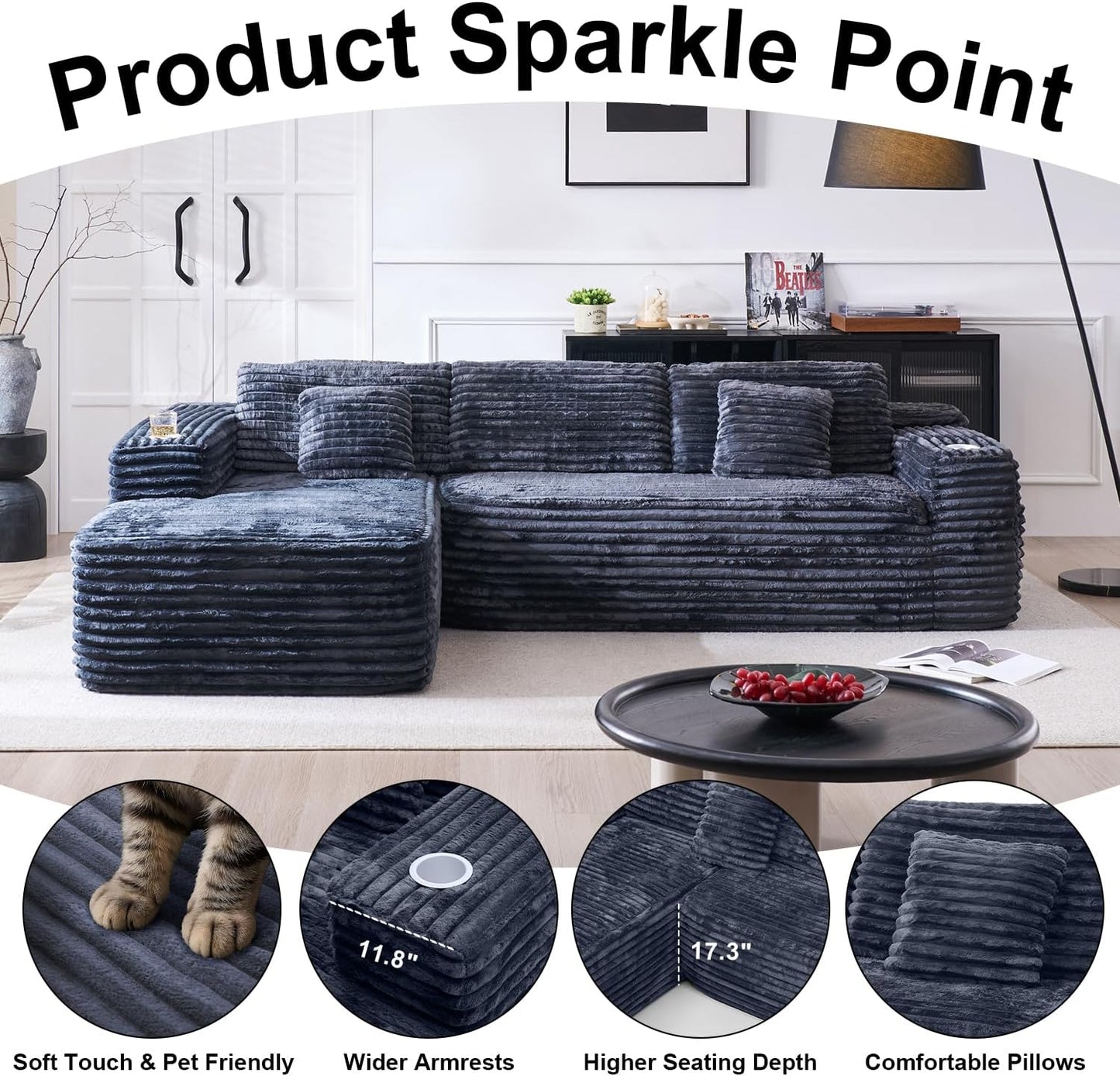 Cloud Sectional Couch with L-Shape Chaise, Modern Modular Sofa with Deep Seat, Built-in Cup Holder & Storage Pocket