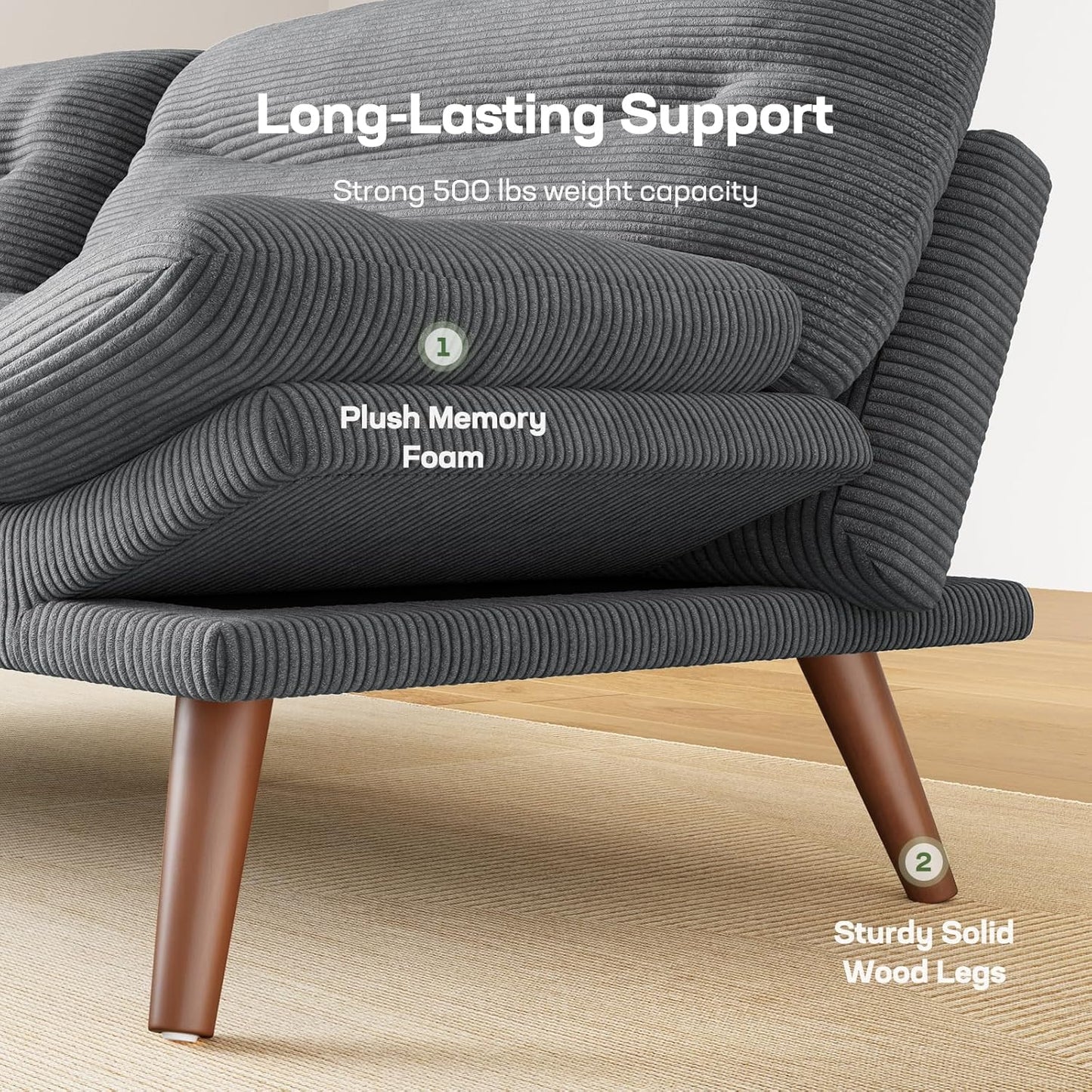 Futon Sofa Bed, Futon Sofa with Adjustable Back and Armrests, Converts to Small Sleeper Sofa Bed Corduroy Loveseat Green