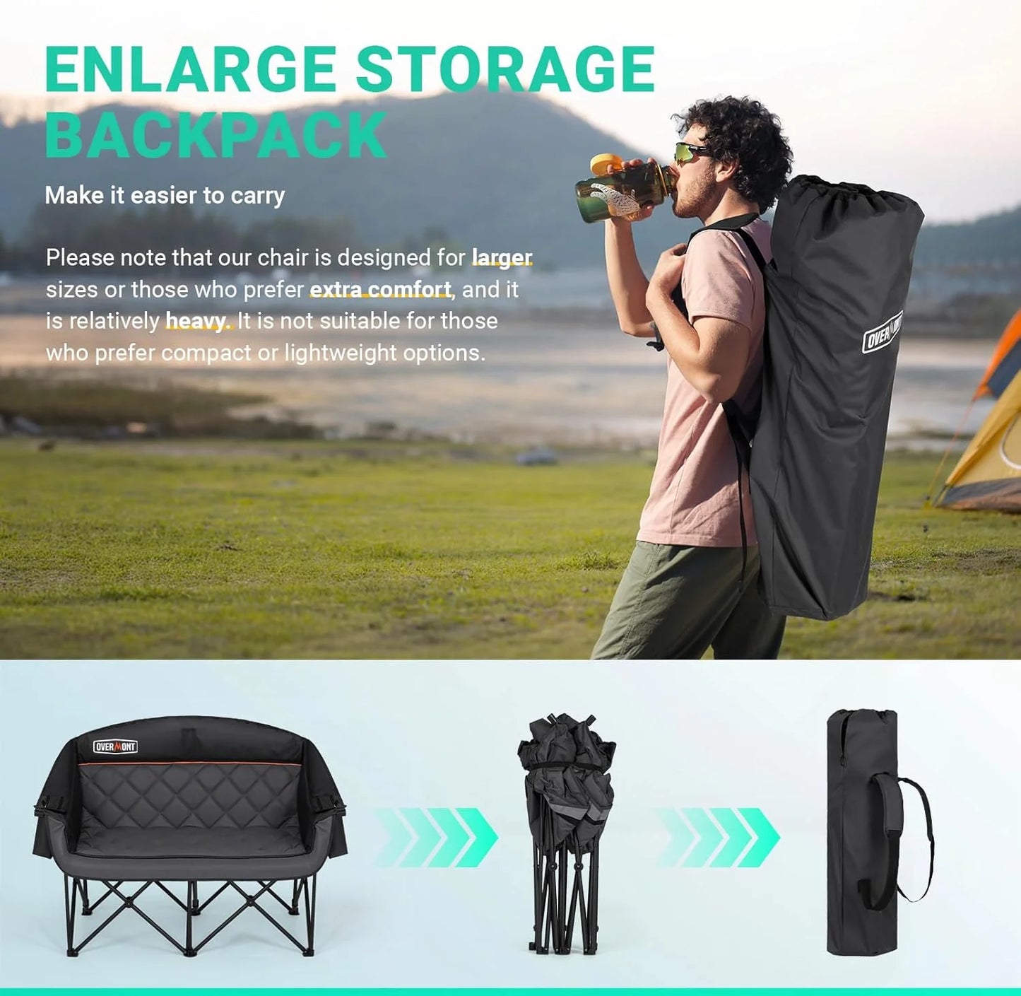 Extra Large Double Camping Chair - 2 Person Comfortable Sofa Chair Adult Loveseat - Heavy Duty Lawn Chair