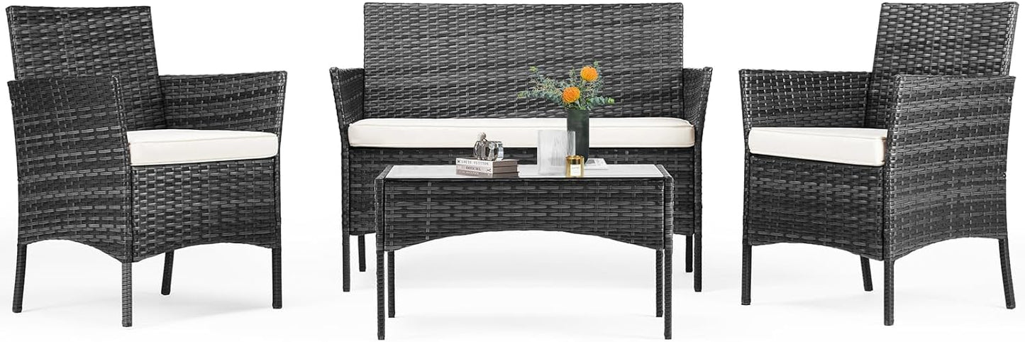 Sweetcripy Patio Furniture Set 3 Pieces, Outdoor Furniture with Soft Cushion and Glass Table, All Weather Manual Weaving Wicker Rattan Patio Chairs for Garden, Terrace, Porch(Black and Beige)