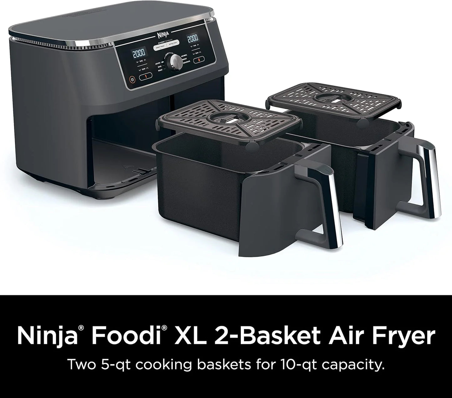 Ninja Foodi 6-in-1 FlexBasket Air Fryer with 7-QT MegaZone & Basket Divider for Large Proteins & Full Meals, Smart Finish Cook 2 Foods 2 Ways, Family Sized Capacity, Air Fry, Roast & More