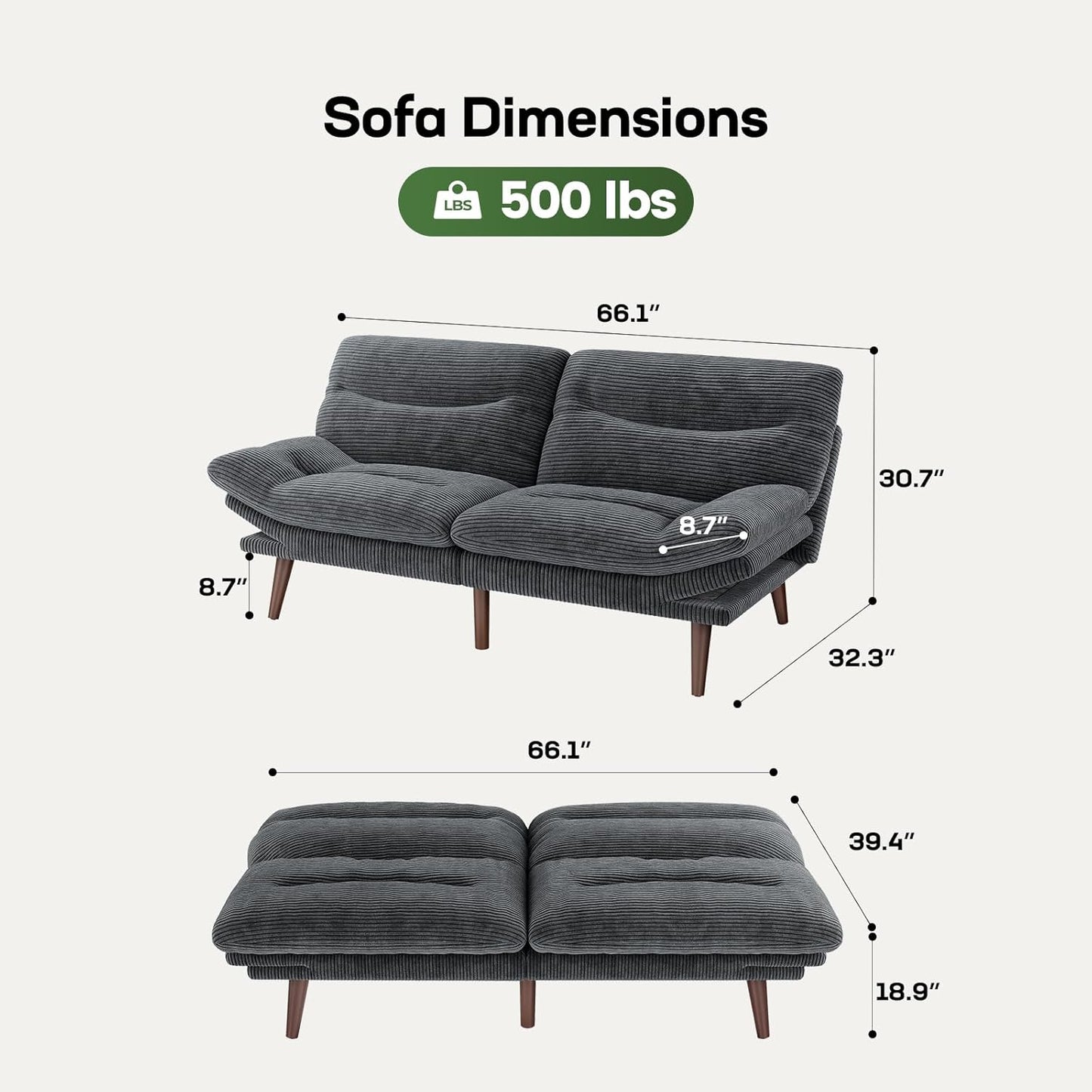 Futon Sofa Bed, Futon Sofa with Adjustable Back and Armrests, Converts to Small Sleeper Sofa Bed Corduroy Loveseat Green