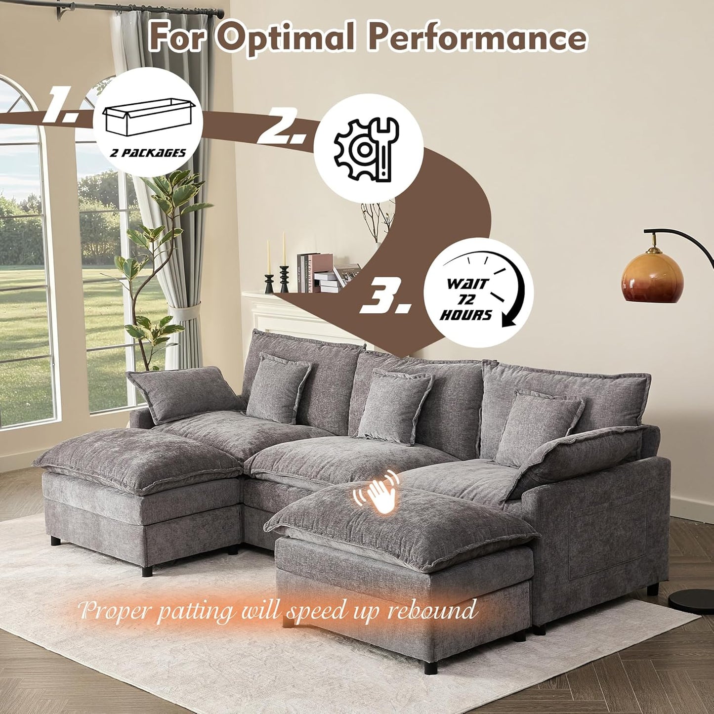 108 Inch U Shape Sofa, Sectional Sofa, Comfortable Cloud Sofa with Removable Footstool, Living Room Deep Seat Sofa, Linen, Beige
